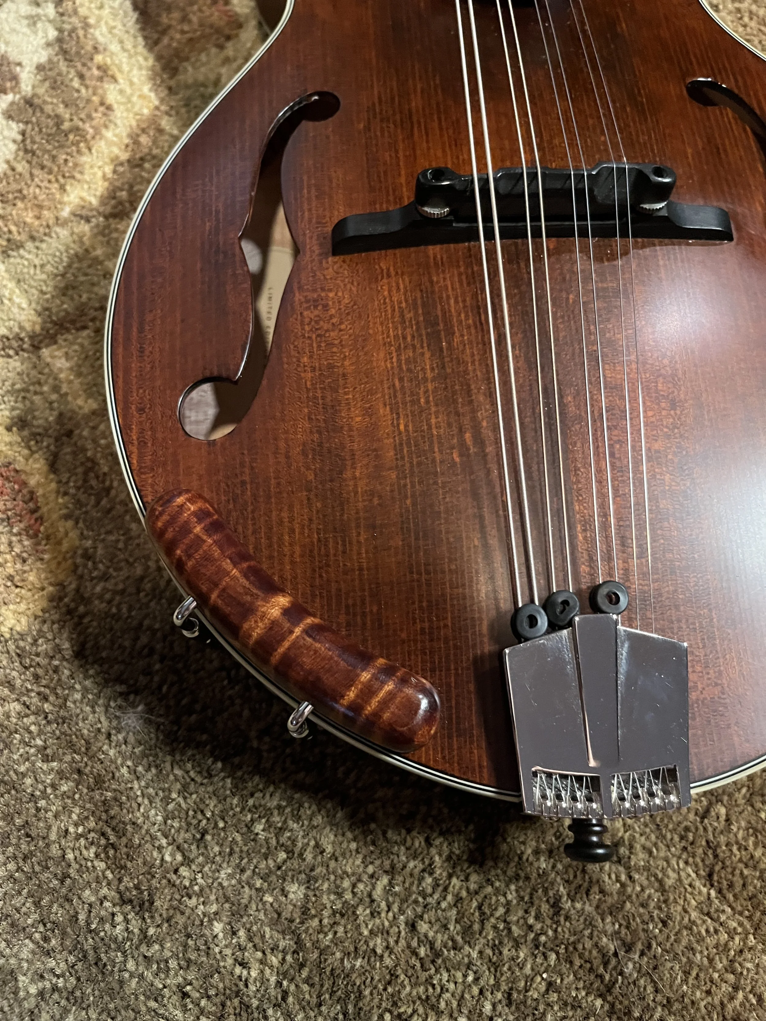 Eastman 715 Mandolin detail view of arm rest, tailpiece, bridge, and f-hole. (2024, #6 of 15, original run)