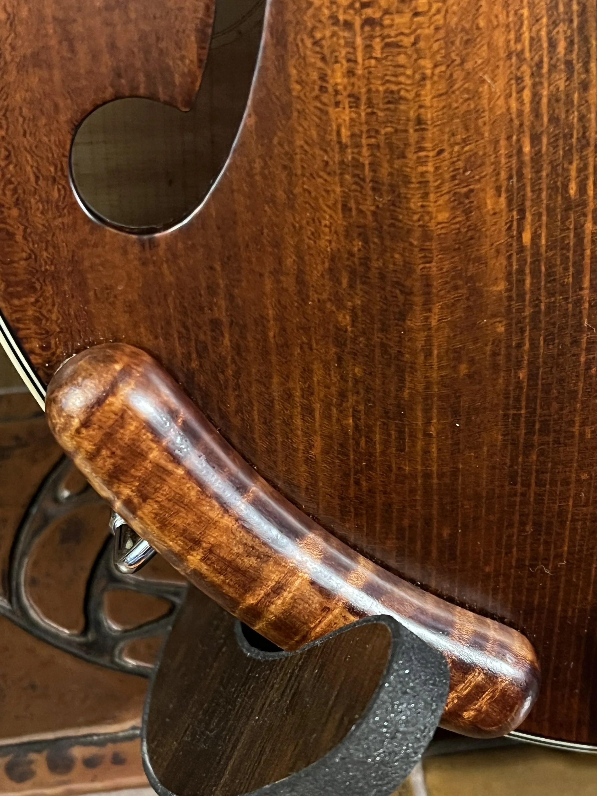 Eastman 715 Mandolin detail view of aftermarket armrest. (2024, #6 of 15, original run)