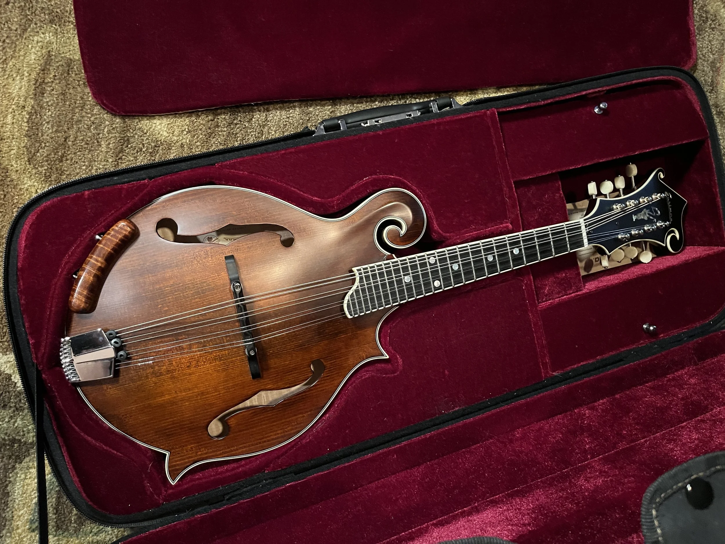 Eastman 715 Mandolin lying inside its open case, lined with magenta velvet. (2024, #6 of 15, original run)