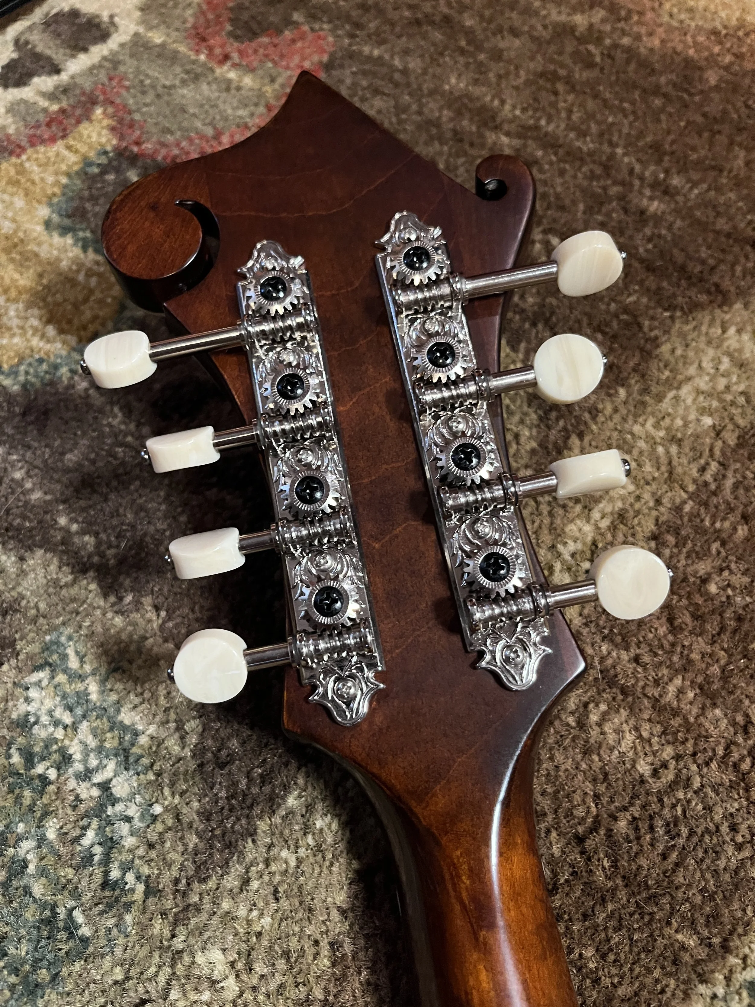 Eastman 715 Mandolin detail view of headstock rear, showing tuners and headstock scroll. (2024, #6 of 15, original run)