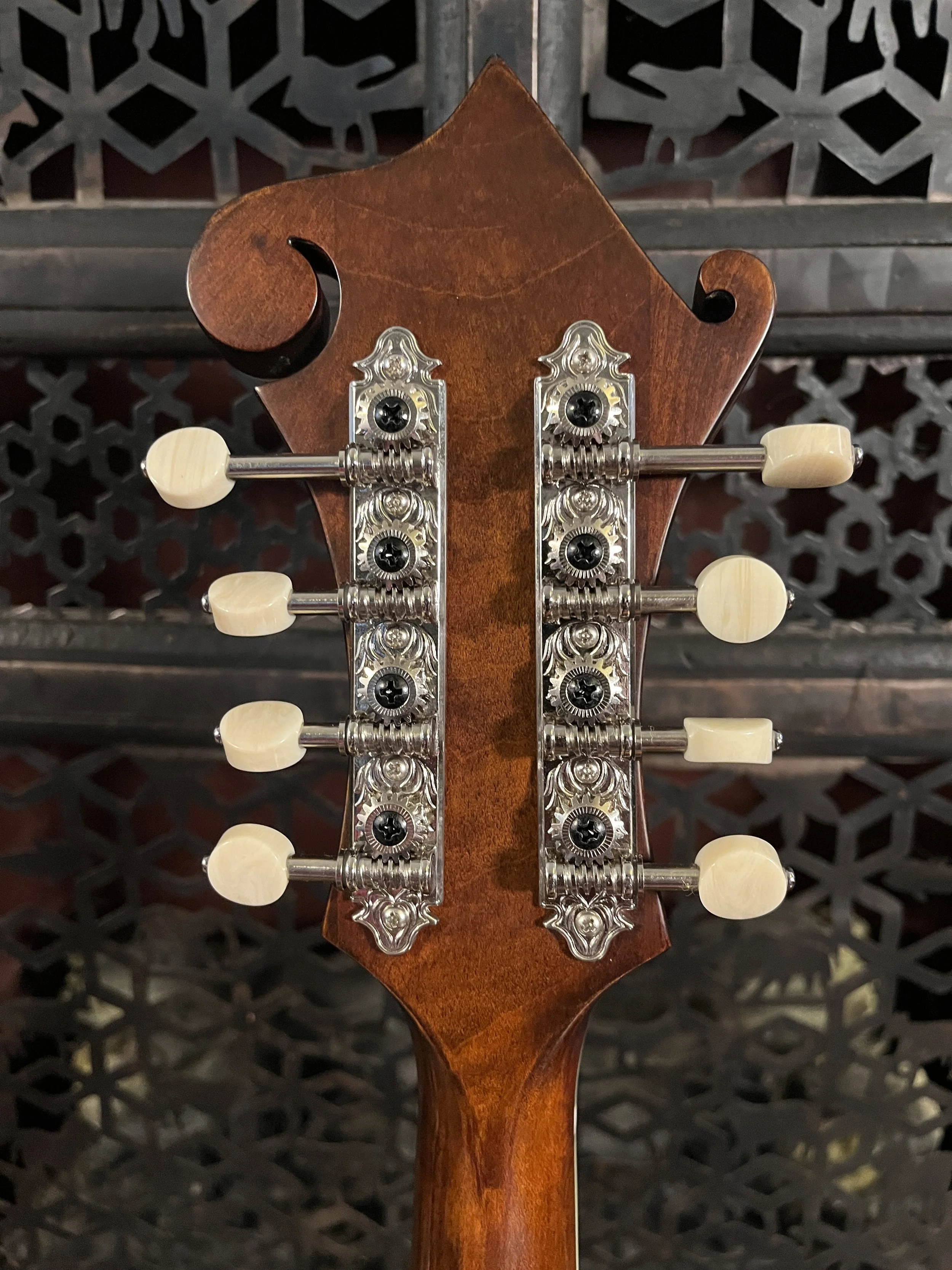 Eastman 715 Mandolin detail view of headstock and tuners from the back. (2024, #6 of 15, original run)