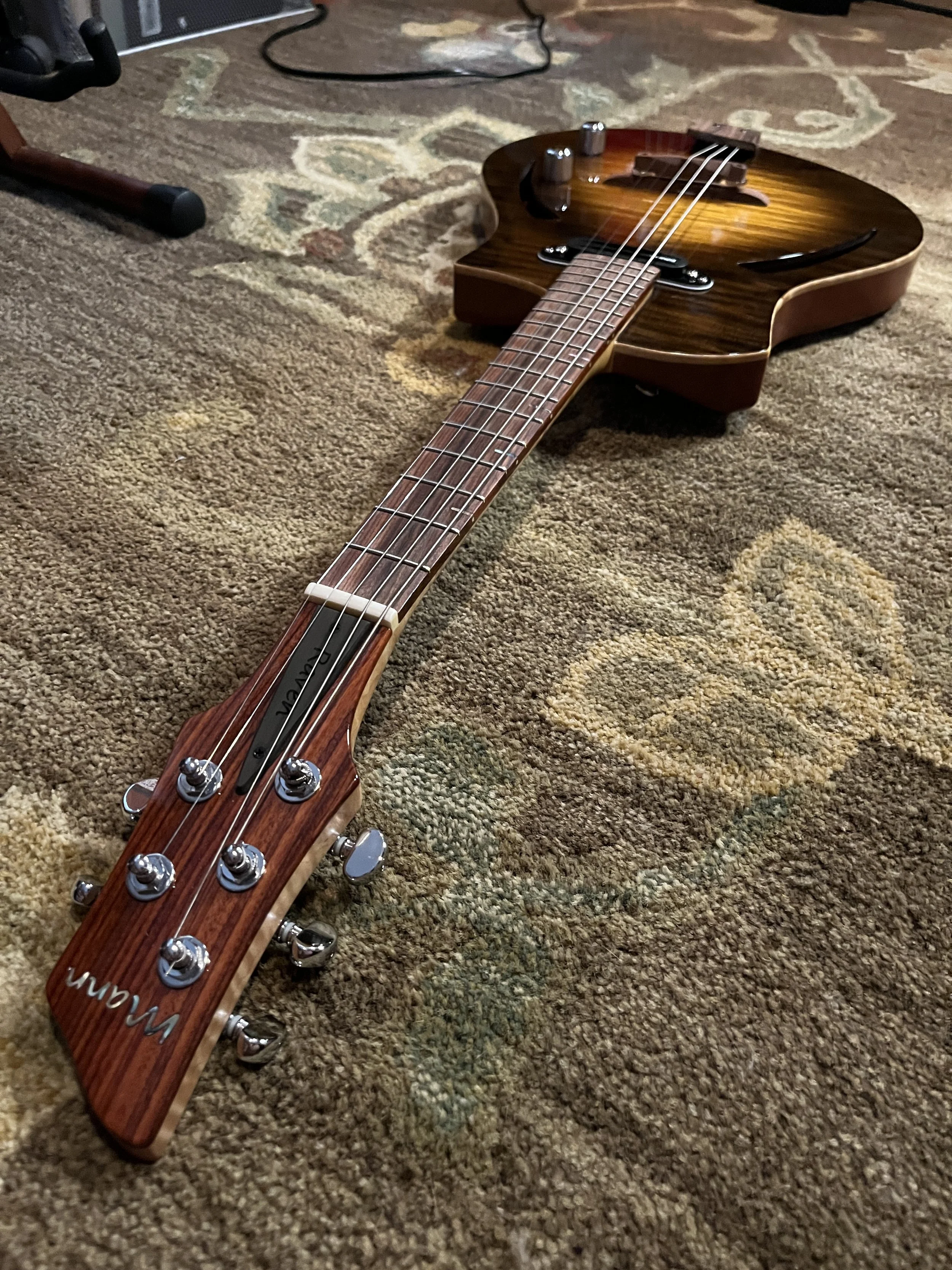 Mann Raven-Mandolin/Mandola detail shot down the neck, including figerboard, headstock, nut, and tuners.