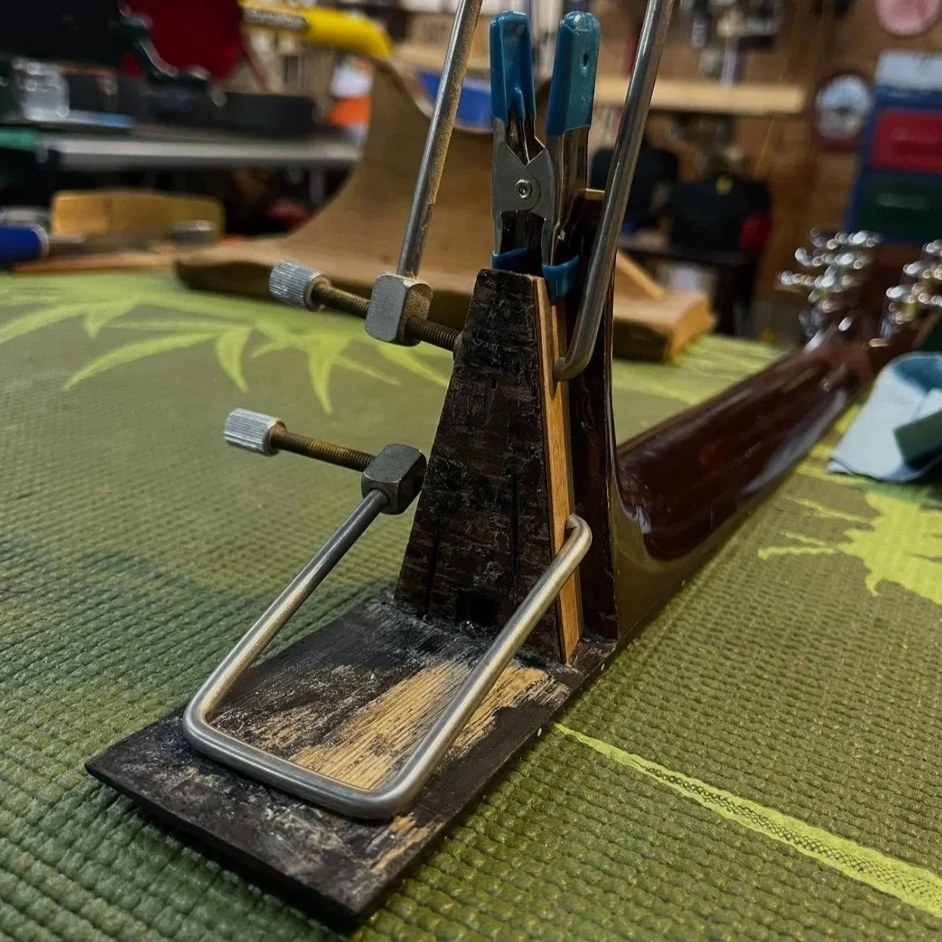 1973 Martin D-28 neck during glue-up of a graft needed for the neck reset due to damage.