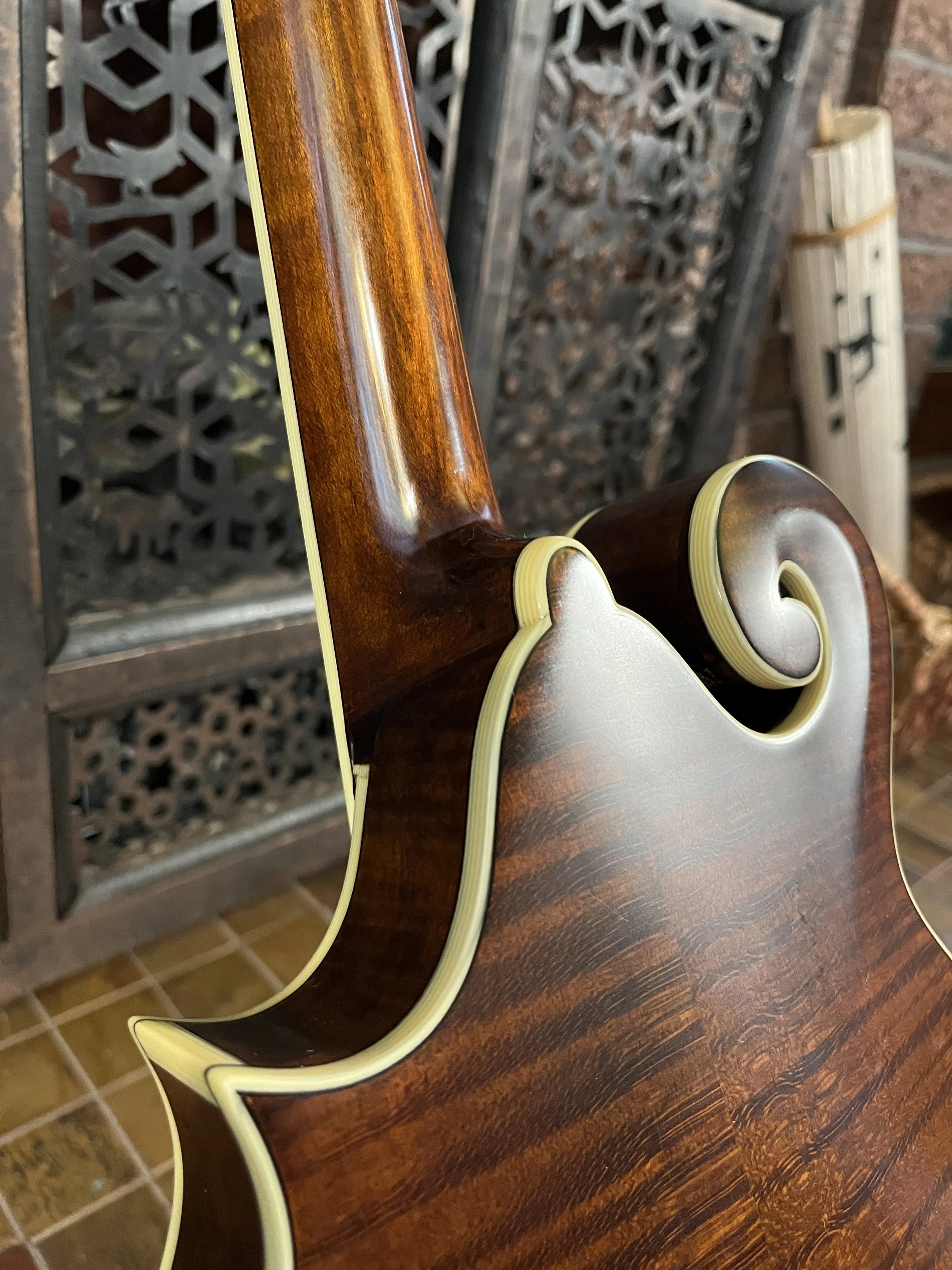 Eastman 715 Mandolin detail show of neck, heel, and binding.  (2024, #6 of 15, original run)