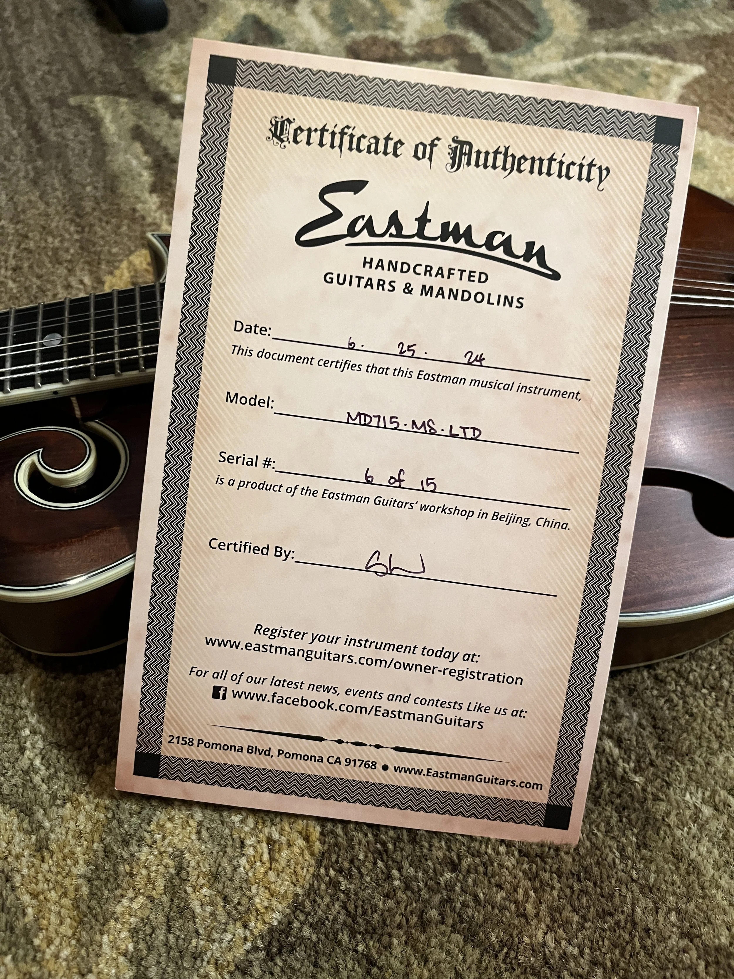 Eastman 715 Mandolin certificate of authenticity, including manufacture date, serial number, and more. (2024, #6 of 15, original run)