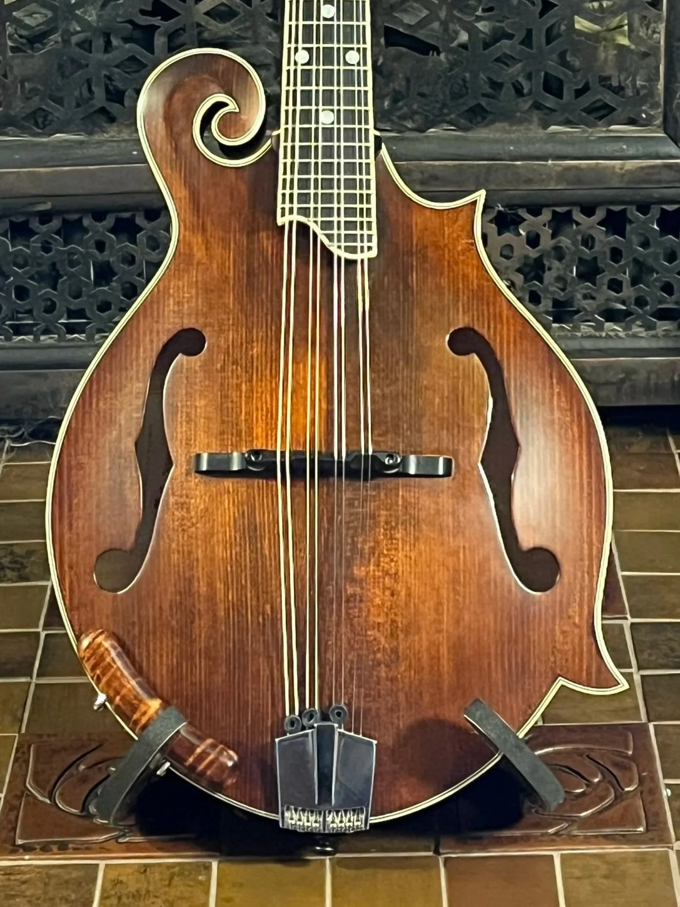 Eastman 715 Mandolin front close-up, showing f-holes, strings, bridge, tailpiece. (2024, #6 of 15, original run)