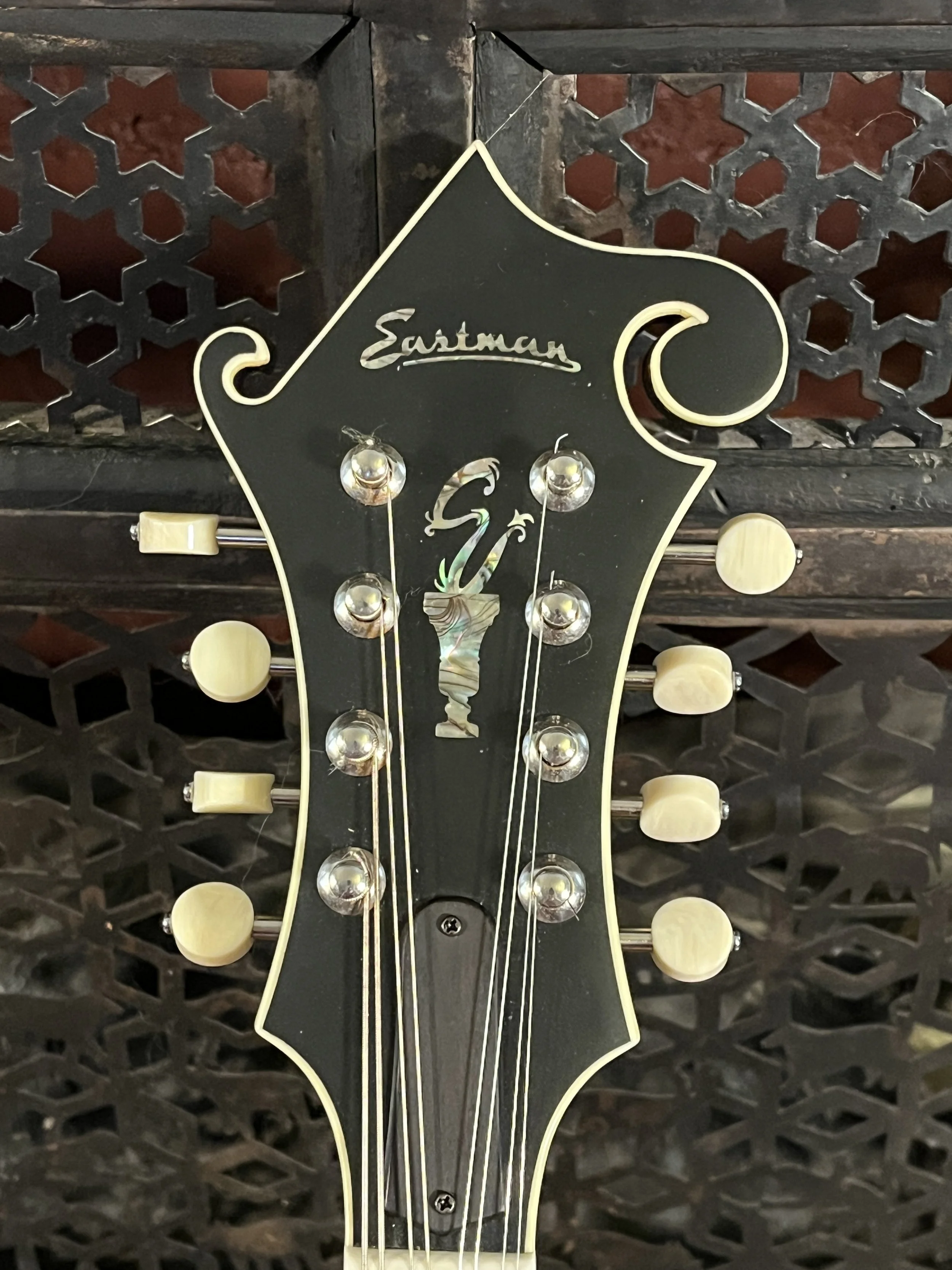 Eastman 715 Mandolin detailed view of headstock and tuners from the front. (2024, #6 of 15, original run)