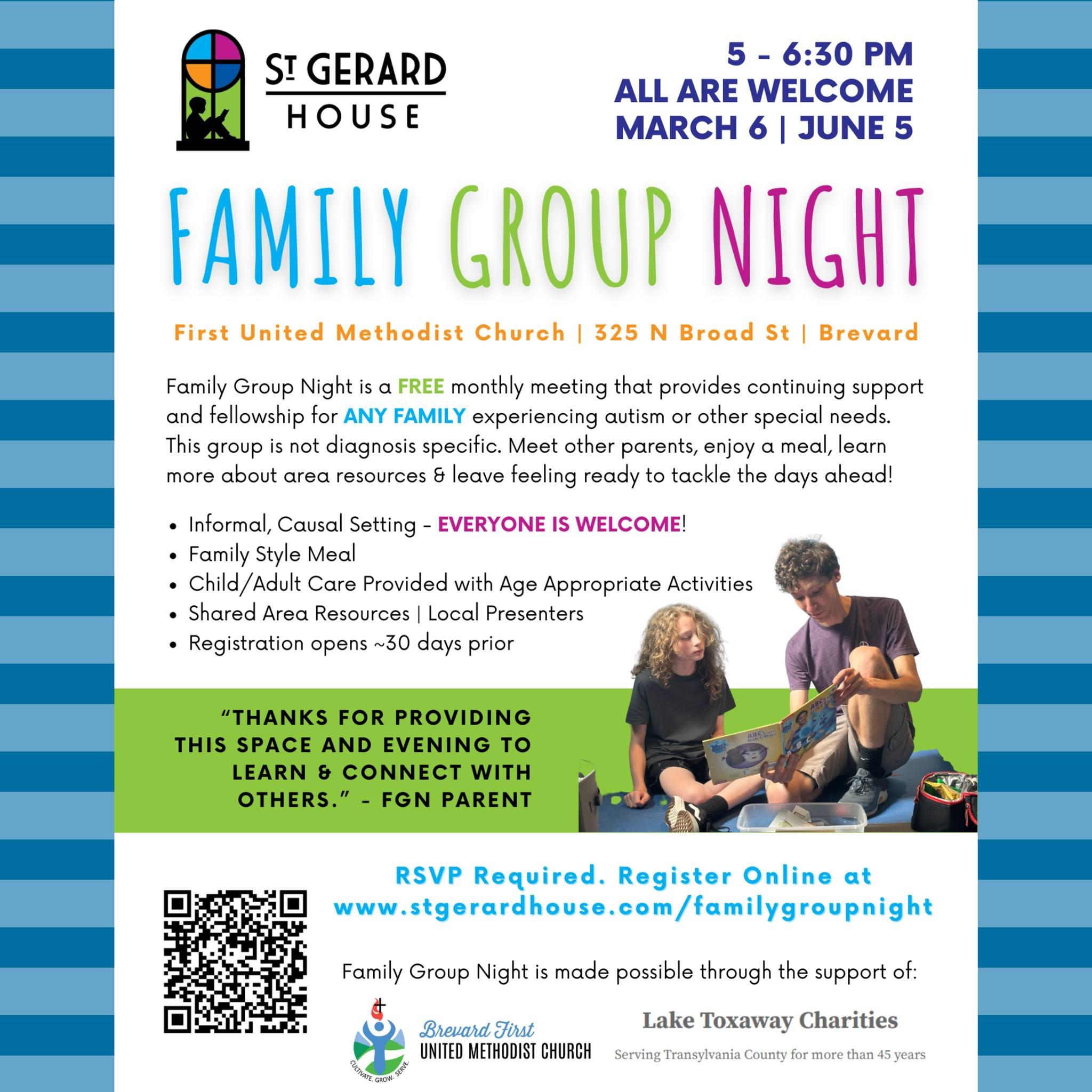 Register by tomorrow to attend Family Group Night this Thursday! 

Family Group Night is a free meeting that provides continuing support and fellowship for any family experiencing autism or other special needs. The next meeting will be held in Brevar