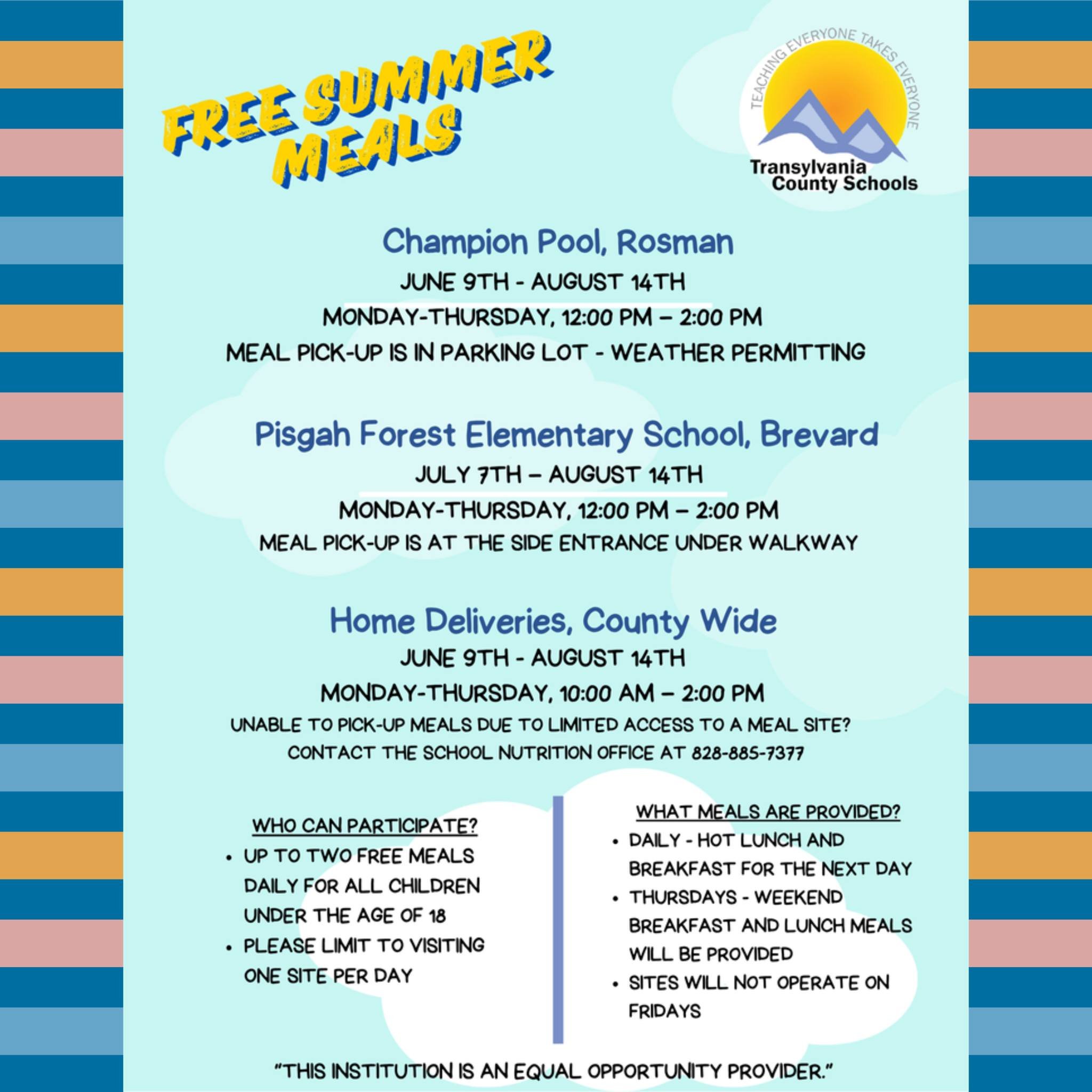 Reminder‼️

All children under the age of 18 in Transylvania County are eligible to receive free daily meals this summer! You can pick up meals at Champion Pool now through August 14 or at Pisgah Forest Elementary beginning on July 7th. Or, if you ar