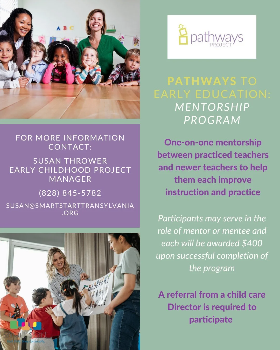 SSTC's Pathways Mentorship Program connects a new teacher (with less than 2 years of experience) with a more practiced teacher to receive one-on-one mentorship.

This 6 week program gives early educators the opportunity to reflect critically on their