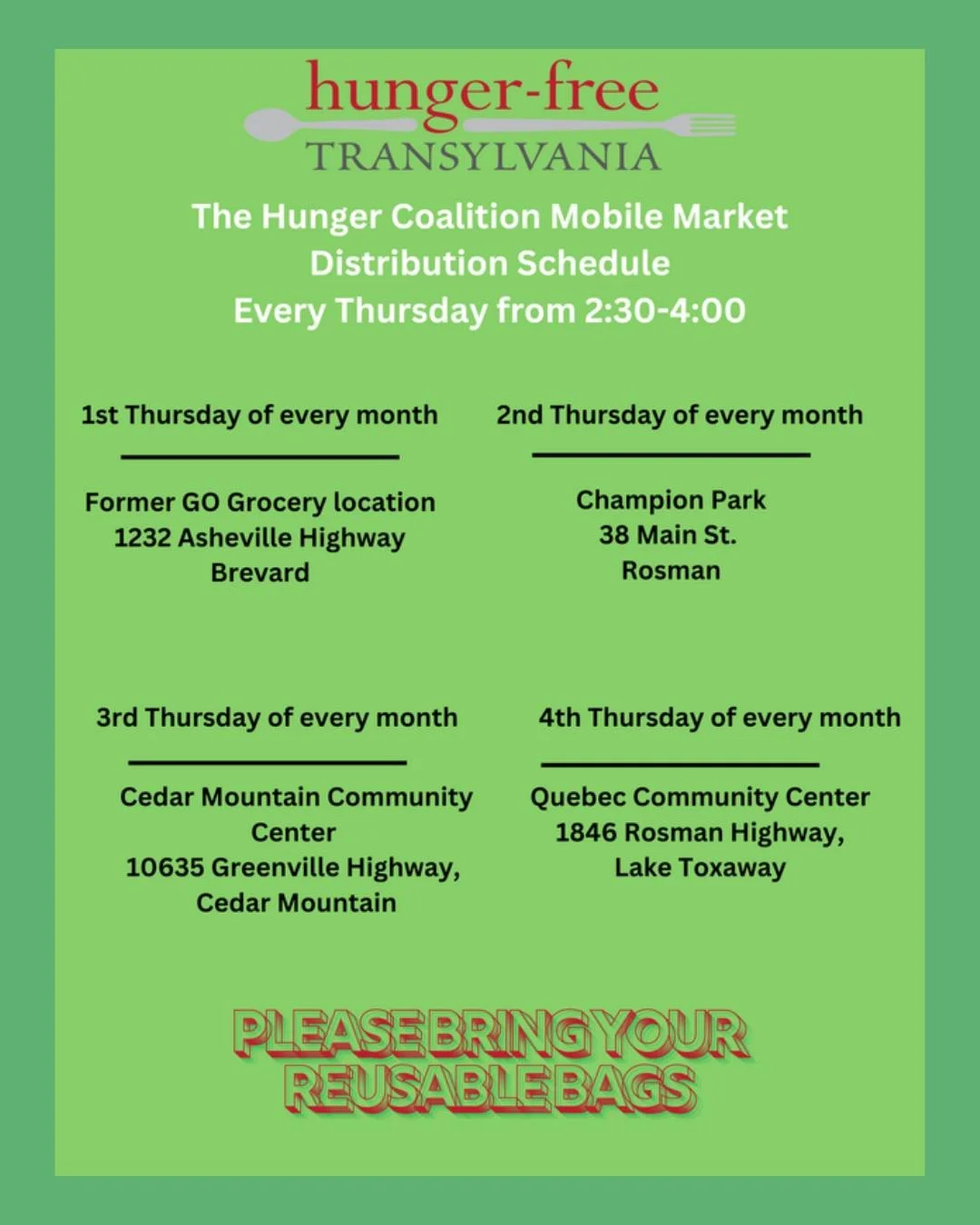 The Hunger Coalition will be distributing food to all those in need every Thursday from 2:30-4:00. Please bring your reusable bags to collect! 🍅🌽🥬🍌🍓

#transylvaniacounty #transylvaniacountync #brevardnc #rosmannc
