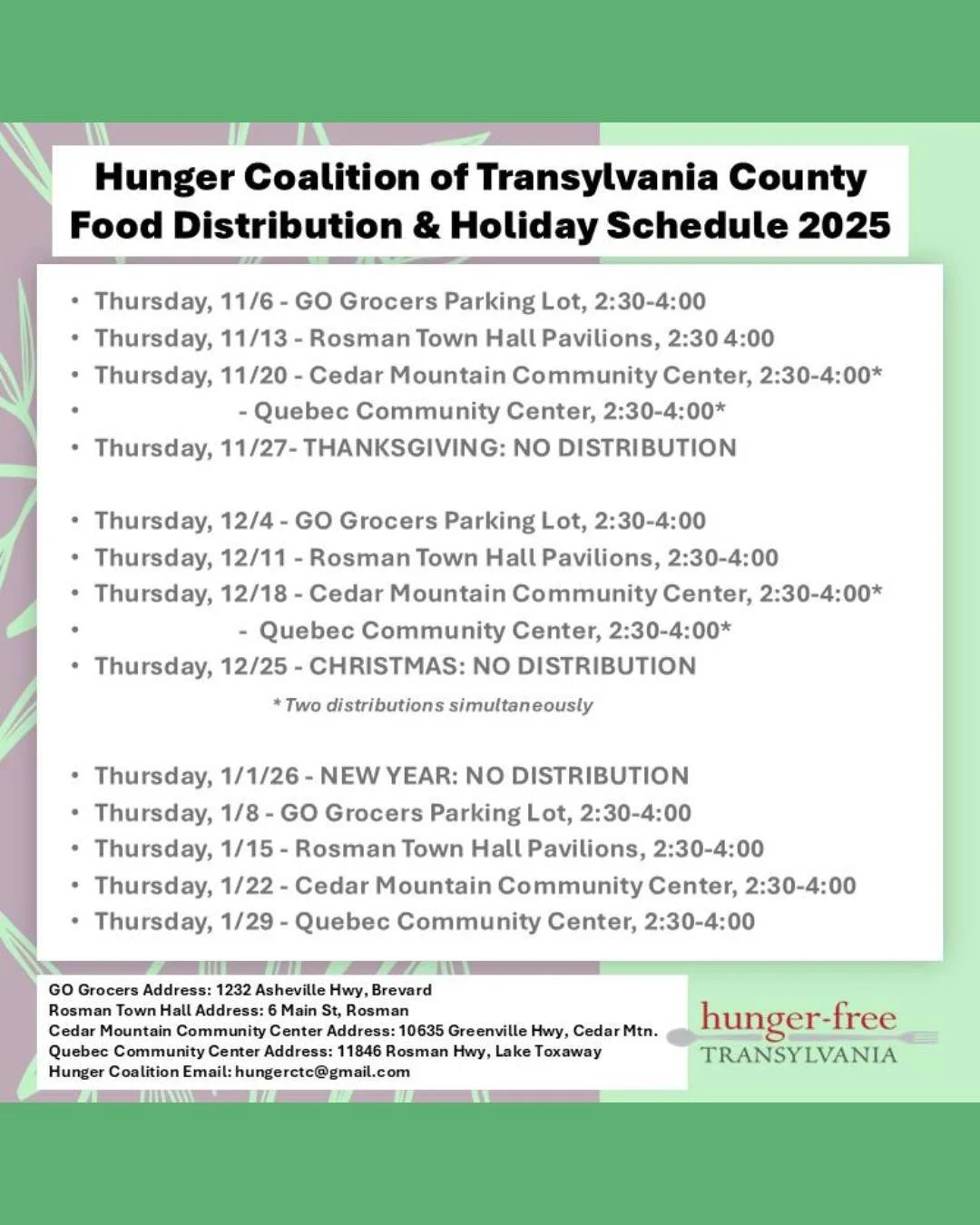 If you are struggling to access food, you can pick up free healthy food from the Hunger Coalition at one of their distribution sites on Thursdays. Please bring your reusable bags to collect! 🍅🌽🥬🍌🍓

#transylvaniacounty #transylvaniacountync #brev