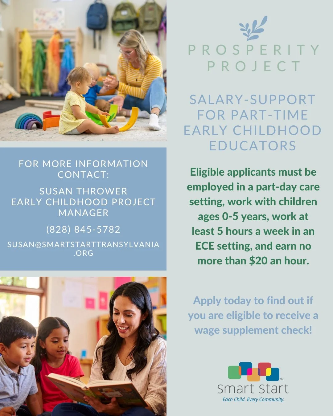 ✨Part-time early educators should apply by November 30 to participate in Prosperity in 2026.✨

If you work at least five hours a week in a part-time early childhood education setting in Transylvania County, you may be eligible to receive a wage suppl