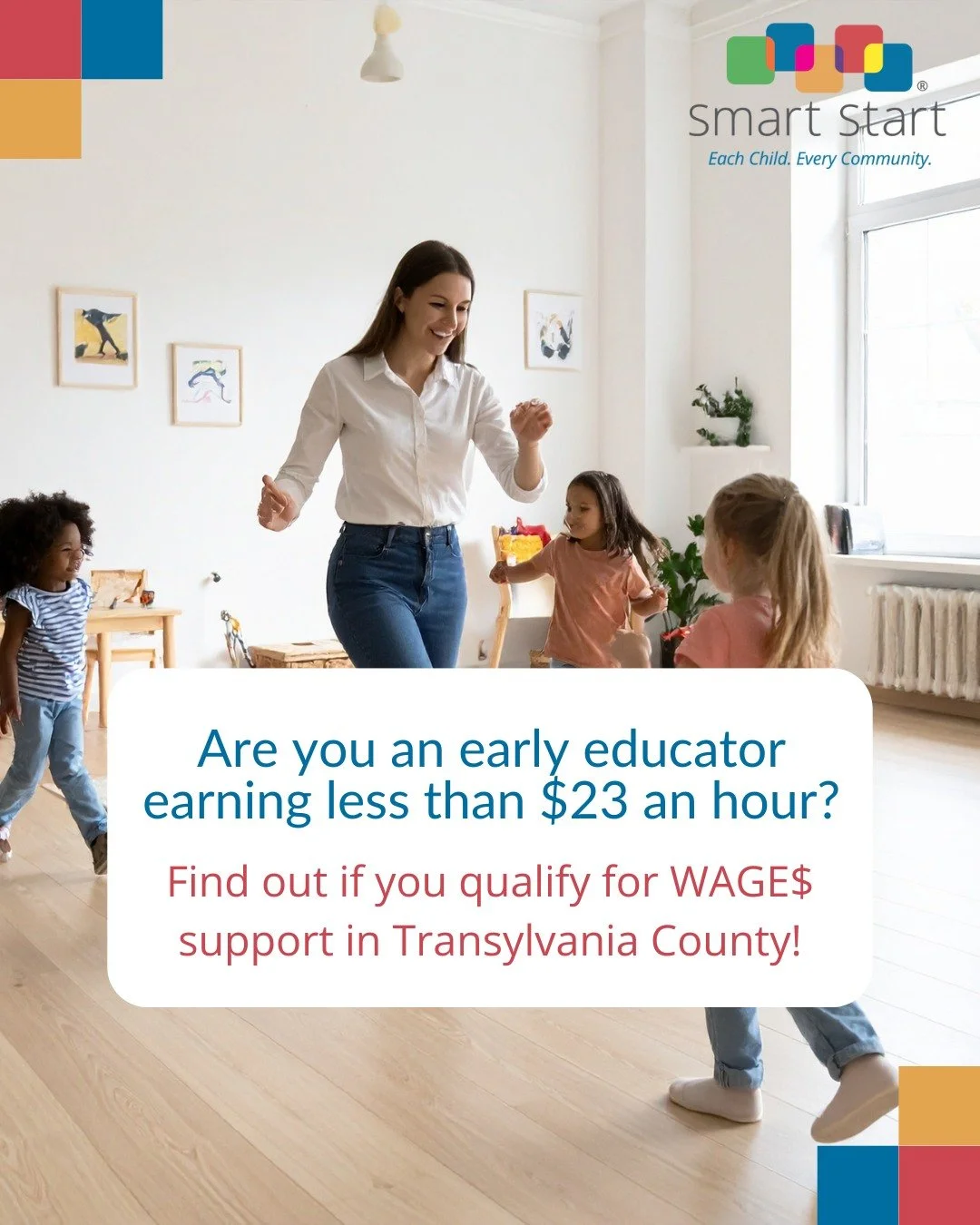 If you're an early educator in Transylvania County, you may qualify to partcipate in WAGE$. Eligible applicants must:

❤️ Be employed as a teacher, teacher&rsquo;s assistant, or director.

🧡 Work with children ages 0-5 years.

💛 Work at least 10 ho