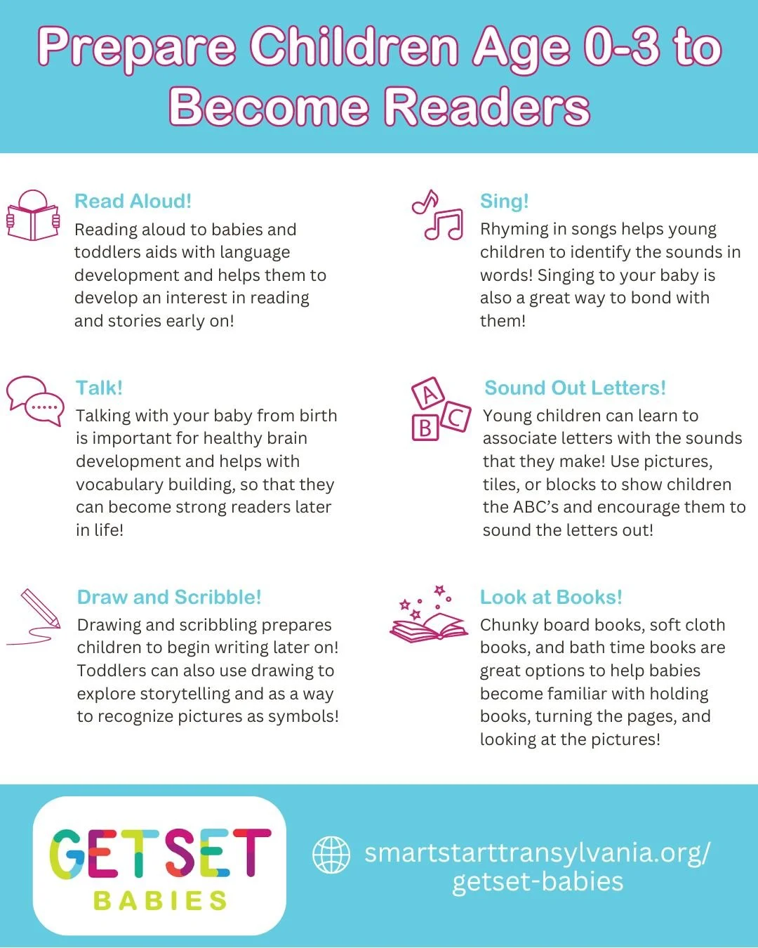Help your baby or toddler to begin developing emergent literacy skills by reading aloud together, talking and singing with your child, and encouraging your child to look at books, draw, and sound out letters! Engaging in all of these activities regul