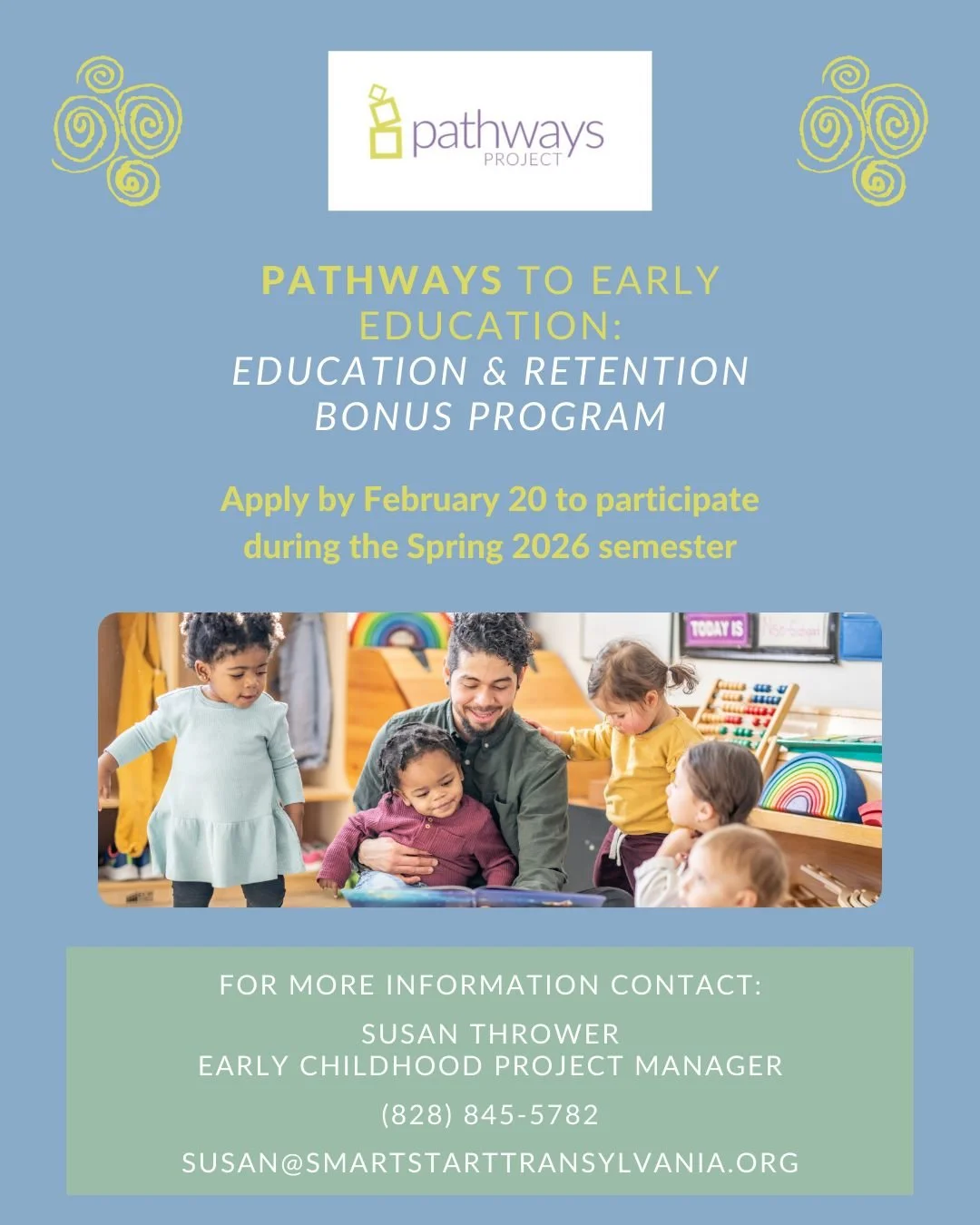 ⭐️ Apply by Februaryto participate in SSTC's Pathways Education &amp; Retention Bonus Program! ⭐️

The Education &amp; Retention Program is available for those who are currently employed in an Early Childhood Education Program in Transylvania County 