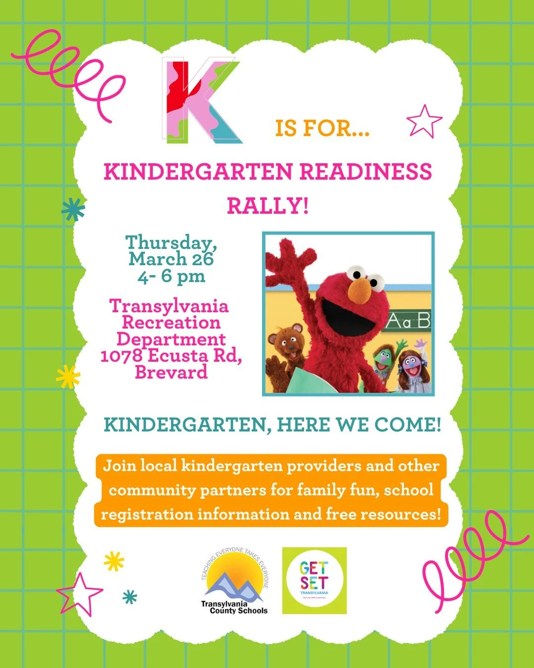 K is for Kindergarten Readiness Rally! ✏️🍎

Are you the parent of a child who will be entering kindergarten in the fall? Join local kindergarten providers and other community partners for family fun, school registration information and free resource