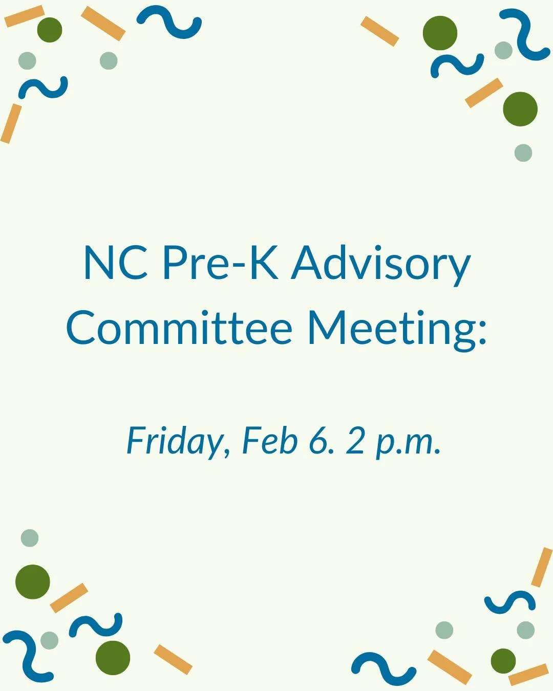 A Transylvania County NC Pre-K Advisory Committee Meeting will be held this Friday, February 6, at 2 pm! To attend, reach out to ncprek@smartstarttransylvania.org for a zoom link! 

 #transylvaniacounty #smartstarttc #TransylvaniaCountyNC #ECE