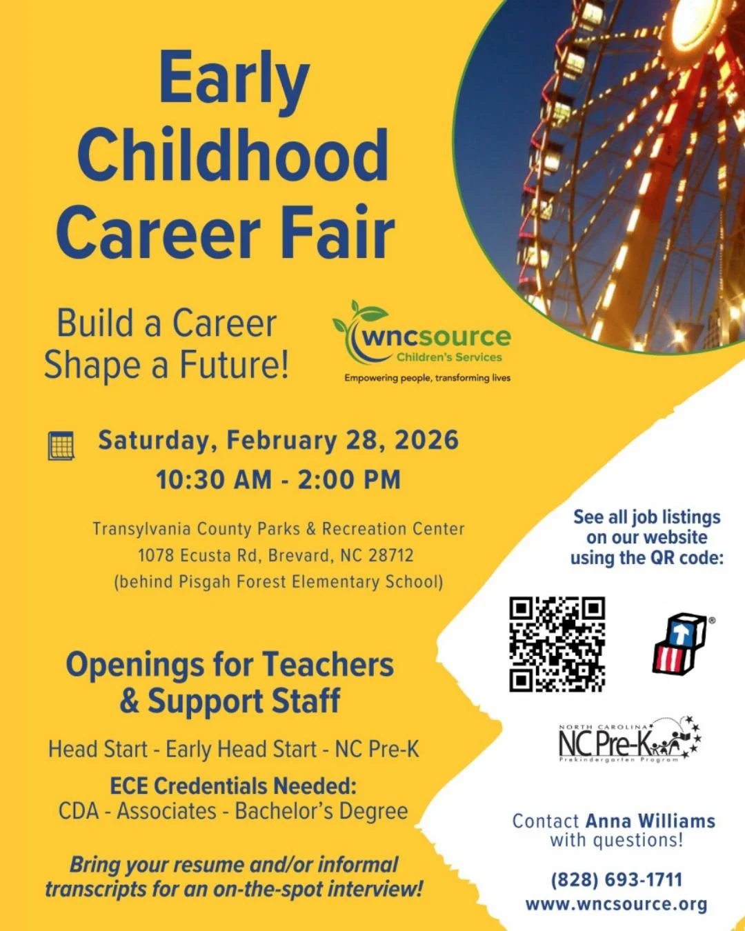 Hillview Children's Center in Brevard has openings for Early Head Start and Head Start teachers! Those interested in applying are invited to bring their resumes or transcripts to the Early Childhood Career Fair this Saturday. 

The fair will be held 