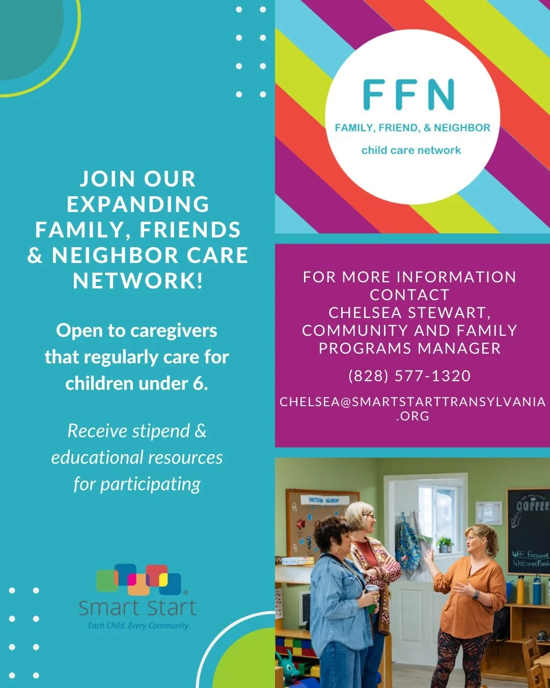 ⭐️ SSTC's FFN care network consists of 73 active providers, who collectively care for 180 children under the age of 5. ⭐️

FFN providers meet monthly to network with other providers in the community, participate in chats surrounding child care, and w