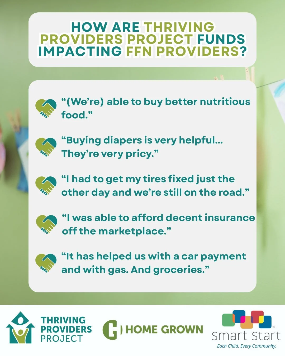 30 home-based caregivers in Transylvania County are currently receiving monthly direct cash transfers through Thriving Providers Project (TPP). Providers are using these funds to assist with the cost of: 

💚 Nutritious food
💚 Diapers
💚 Car mainten