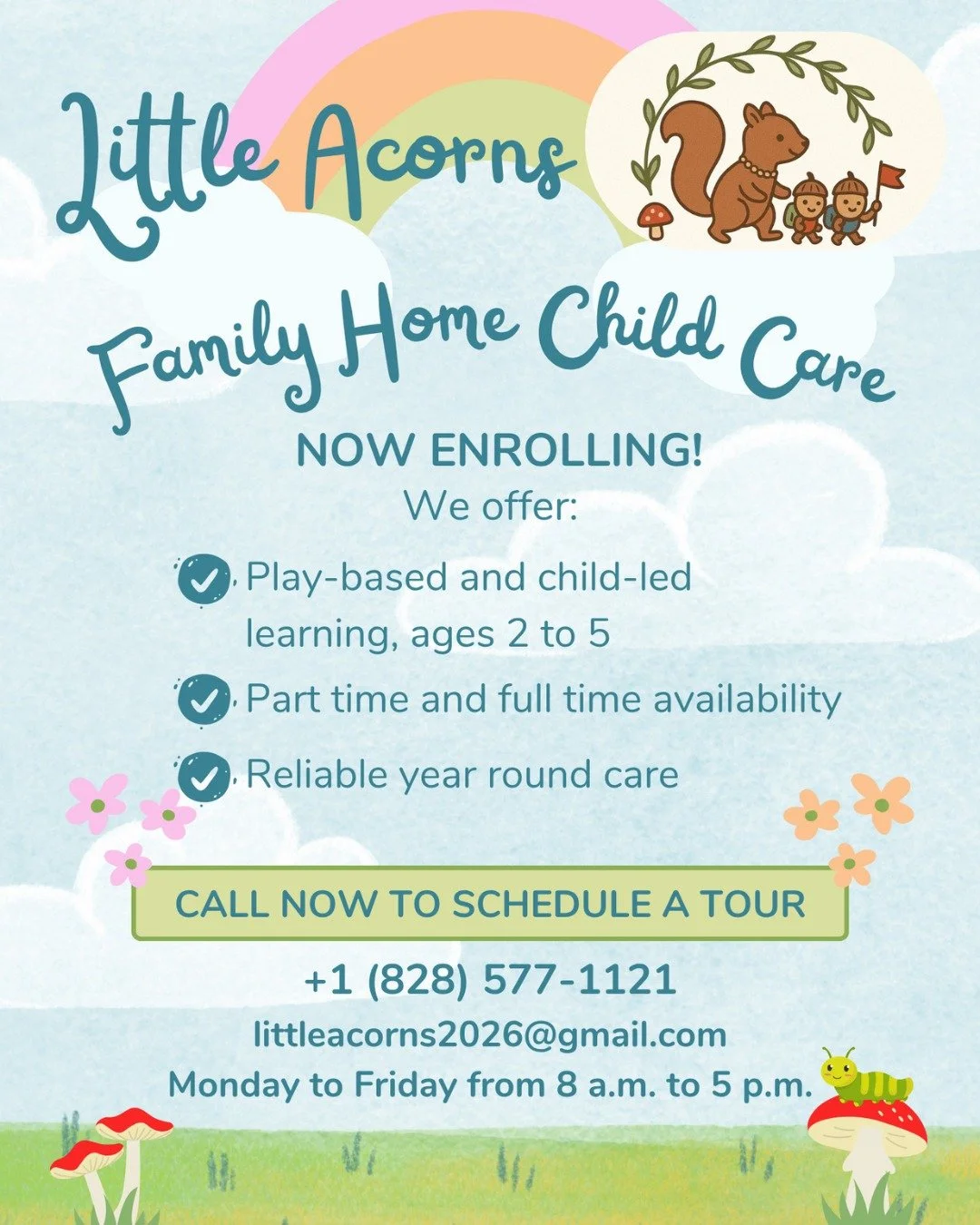 A new family child care home, Little Acorns, is opening in Transylvania County! 🐿️🍄 If you are the parent of a child between the ages of 2-5 and are interested in scheduling a tour and learning more, reach out to Ashley Banning by phone at (828) 57