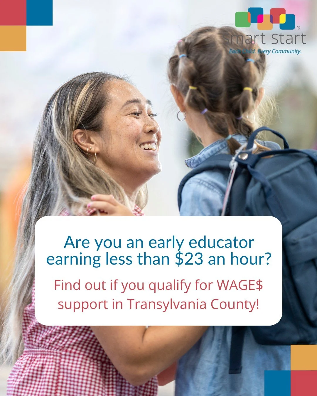 If you're an early educator in Transylvania County, you may qualify to partcipate in WAGE$. Eligible applicants must:

❤️ Be employed as a teacher, teacher&rsquo;s assistant, or director.

🧡 Work with children ages 0-5 years.

💛 Work at least 10 ho