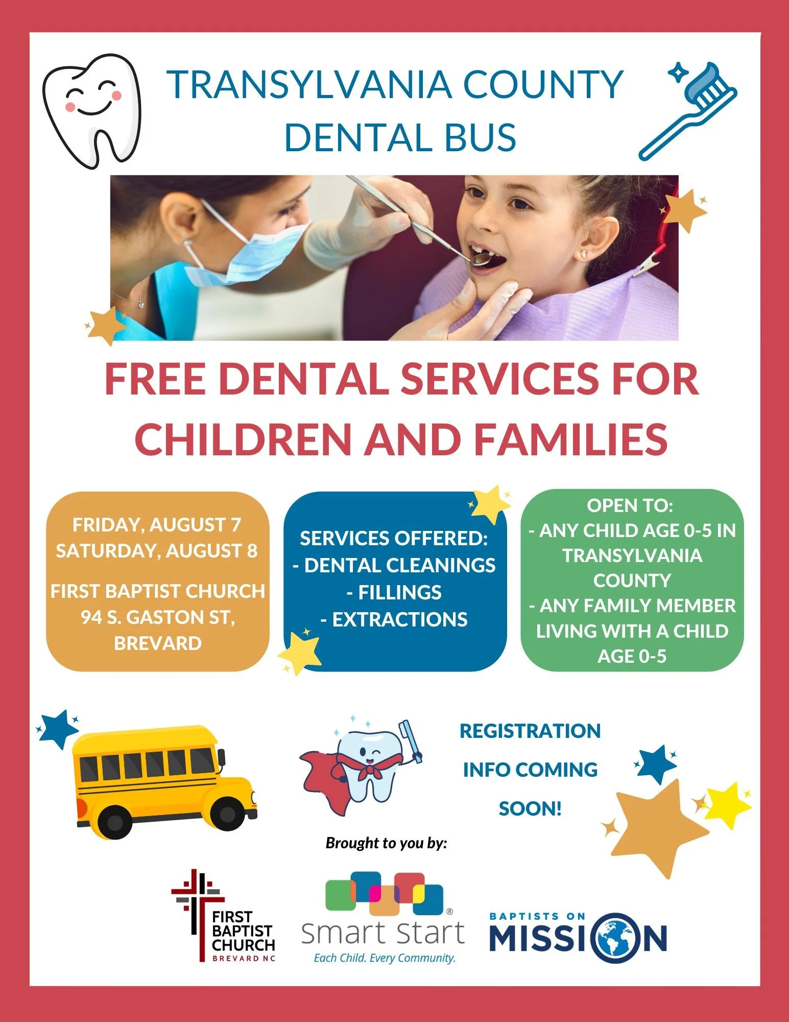 Reminder to save the date! 🚌🦷

Smart Start's second annual dental bus event will be held this August in Brevard! Dental cleanings, fillings, and extractions will be offered free of charge to children ages 0-5 living in Transylvania County, as well 