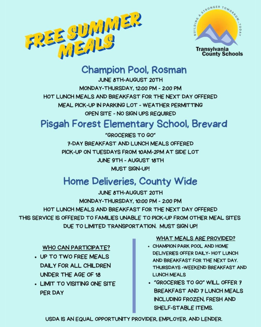 All children under the age of 18 in Transylvania County are eligible to receive free daily meals this summer! 🍎🥪🥕🍓🫐 

Starting next week you can pick up hot meals at Champion Pool Monday through Thursday or sign up to get groceries to go at Pisg