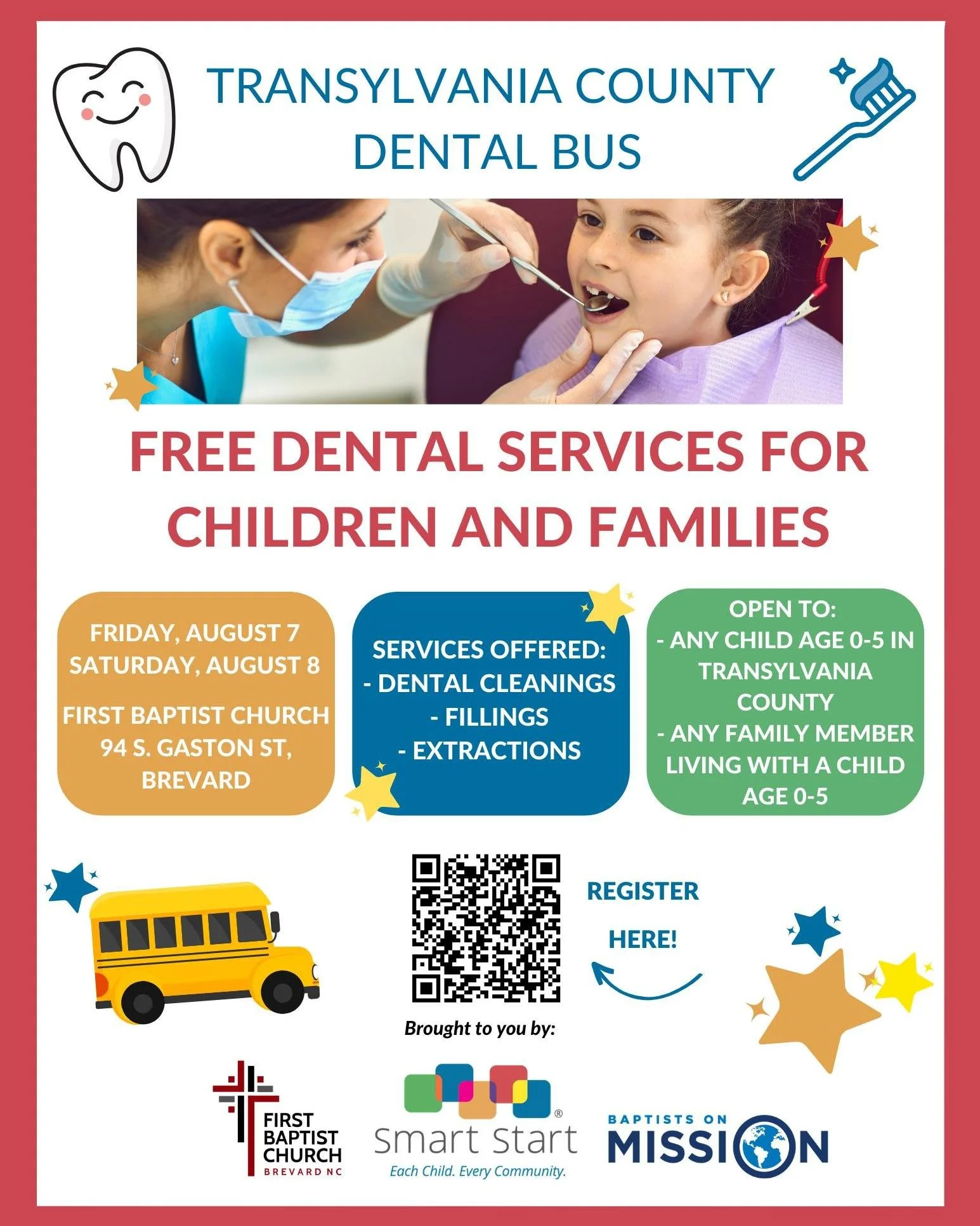 Registration is now open for this summer's dental bus event! 🚌🦷

Smart Start's second annual dental bus event will be held this August in Brevard! Dental cleanings, fillings, and extractions will be offered free of charge to children ages 0-5 livin
