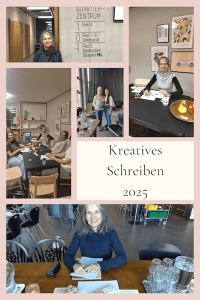 Collage mit verschiedenen Abbildungen aus Kursen zum kreativen Schreiben mit Regina Schlager
