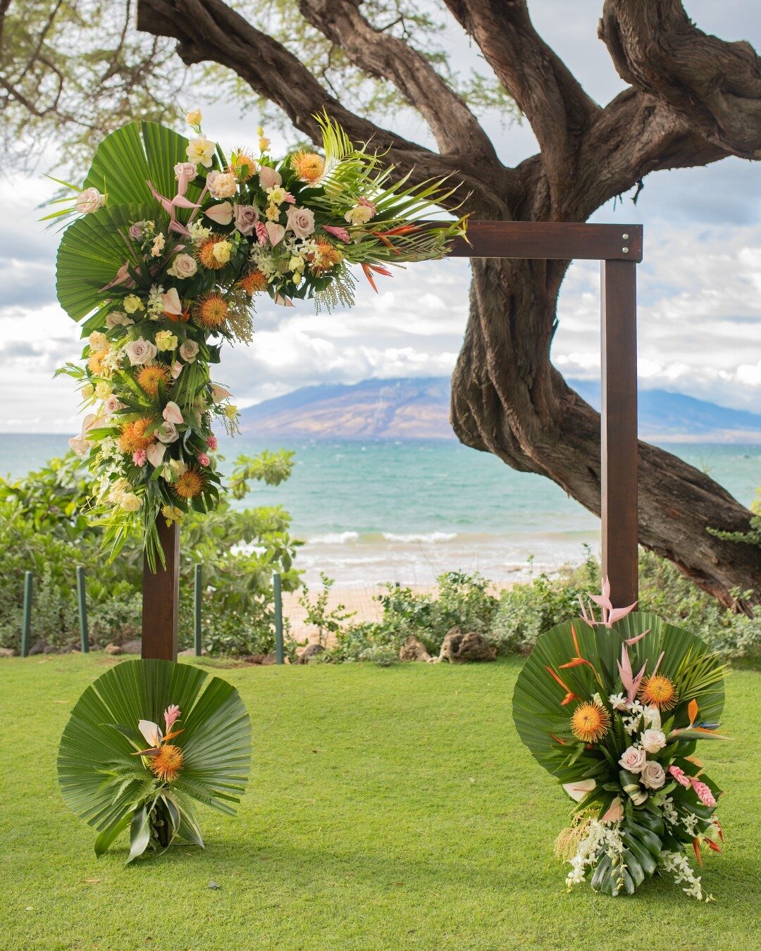 Dreamy Venue Ceremony Centerpiece for Nicole and Zachary 💛✨⁠
⁠
We love infusing floral arrangements and working with local vendors to include tropical elements to bring everything together. 

Photography @annakimphotography 
Flowers @Bellabloommaui
