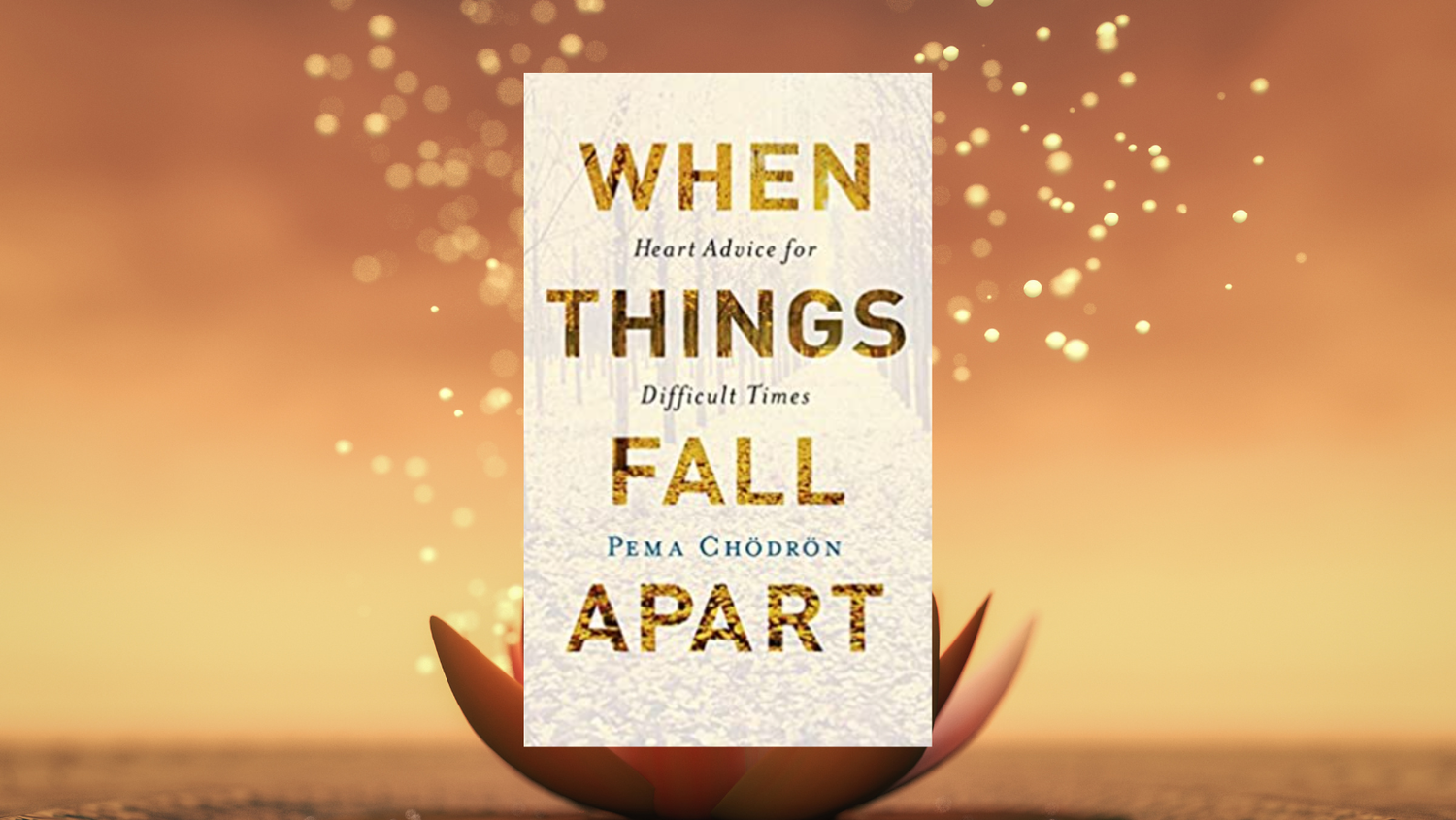 Book cover titled 'When Things Fall Apart' by Pema Chödrön, with a background of a glowing lotus flower on a sunset or sunrise landscape.
