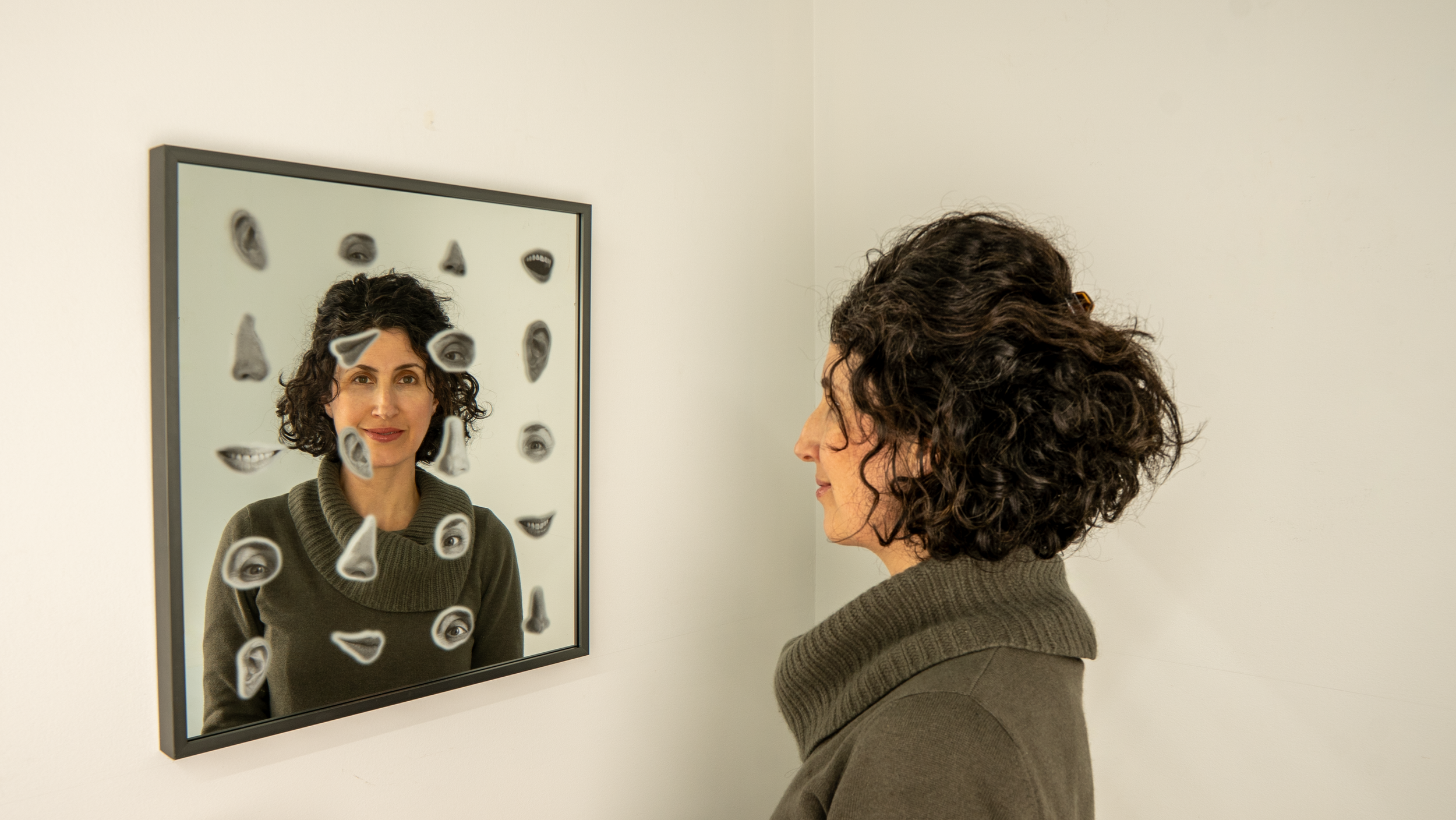   Bias Reflector, Facial Features   
UV ink on glass mirror, custom machine learning software, 19 3/8”x17”, 2025
  