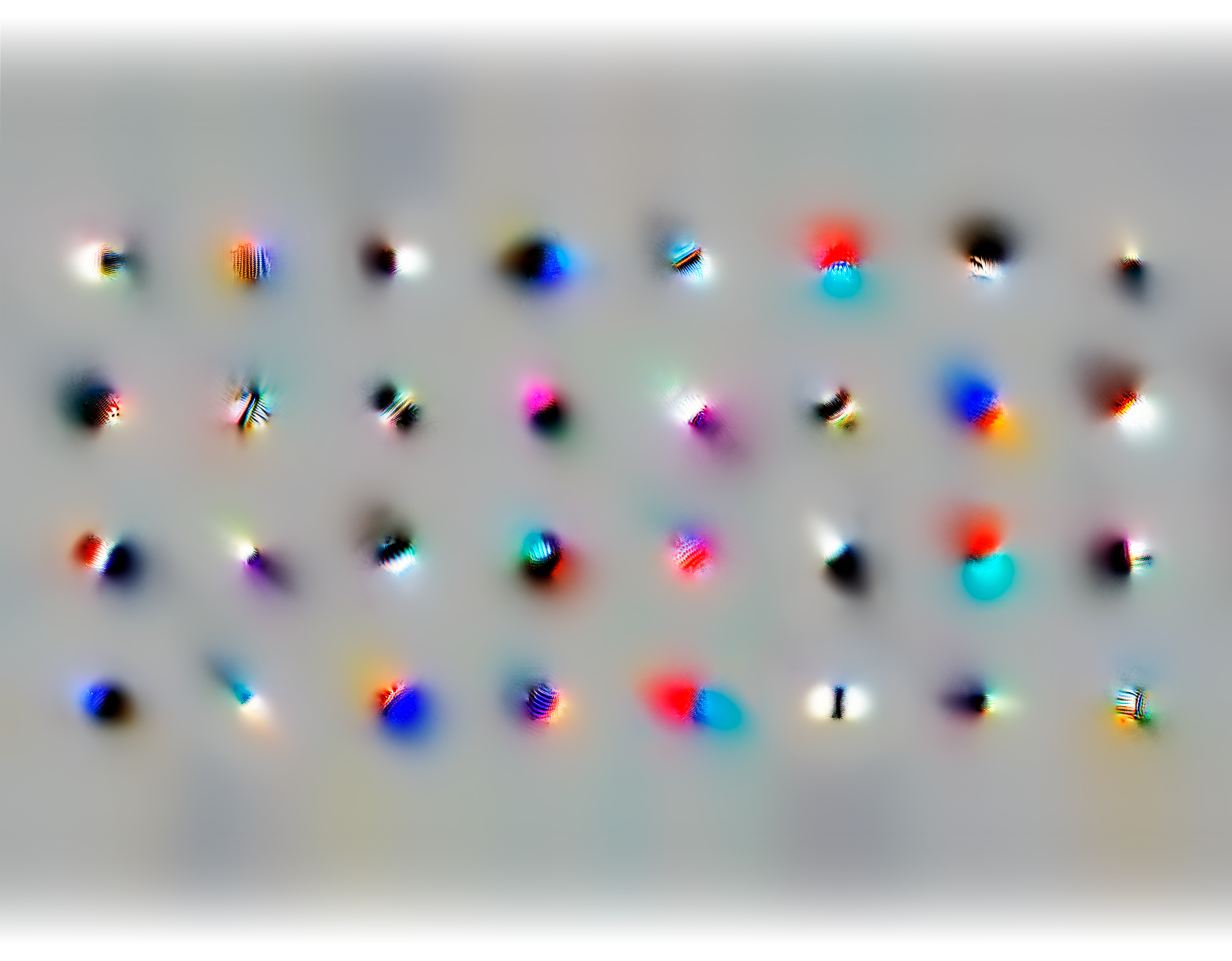 In the Inception v1 model, the first two layers -- conv1 and conv2 -- focus on understanding light patterns in terms of basic edge structure. Eighty units from conv2 are depicted across four windows on the fourth floor, each specialized to detect an 