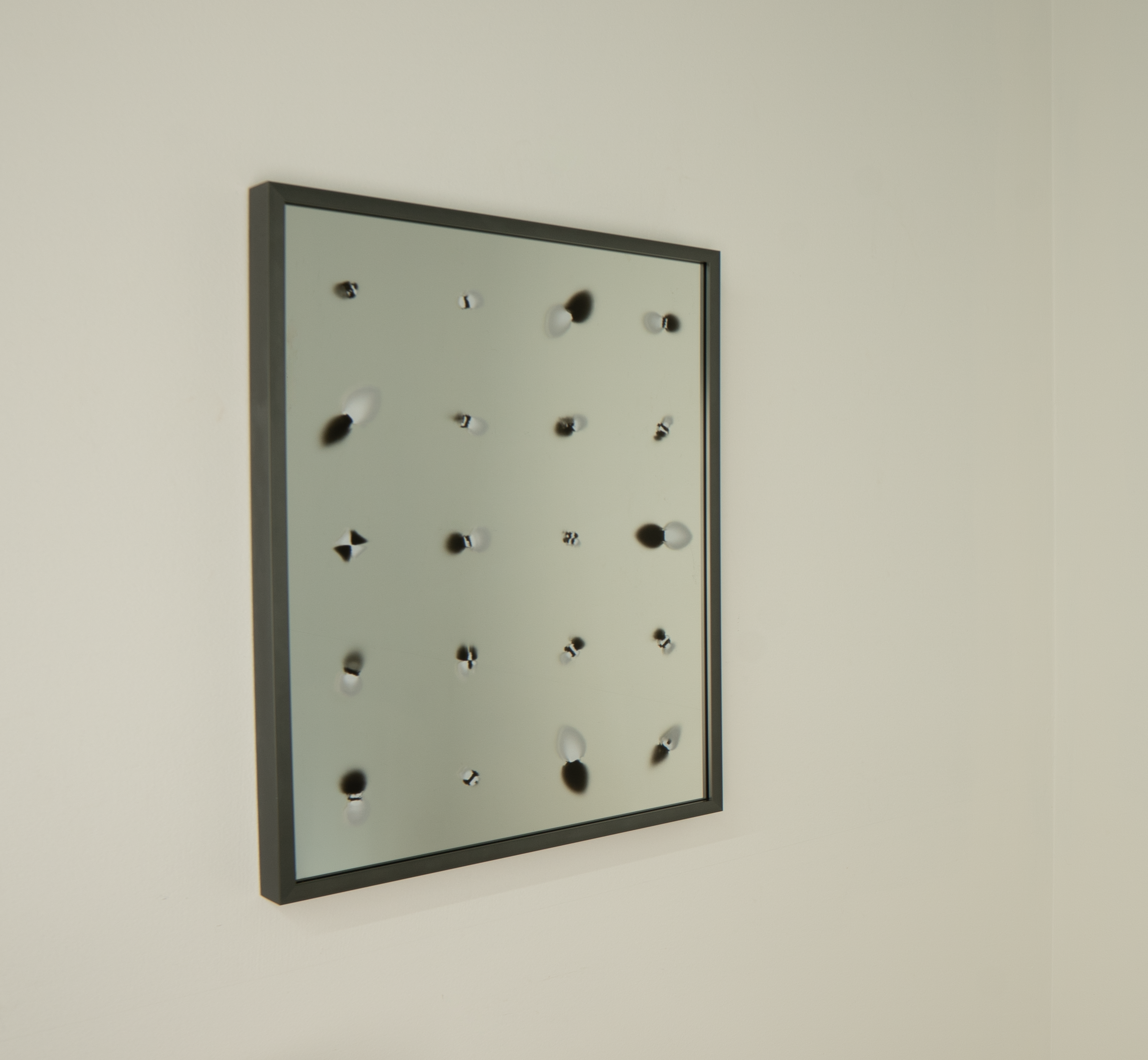   Bias Reflector, I   
UV ink on glass mirror, custom machine learning software, 18”x14”, 2025
  