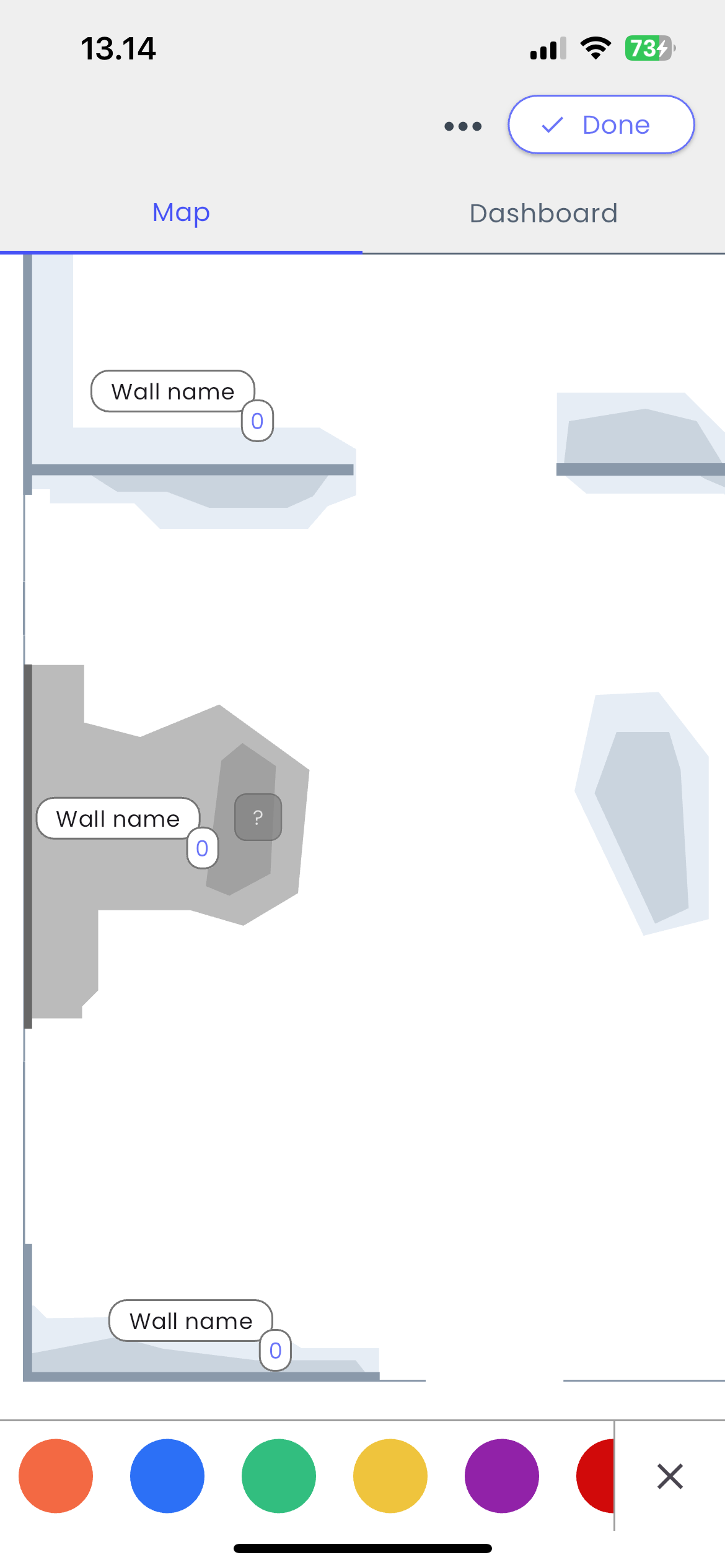 Image showing a high-fidelity wireframe. The wireframe displays a screen on which someone has placed a route on a wall. The route is gray and lacks colour, but a horizontal scrolling bar appears at the bottom showcasing colours to choose.