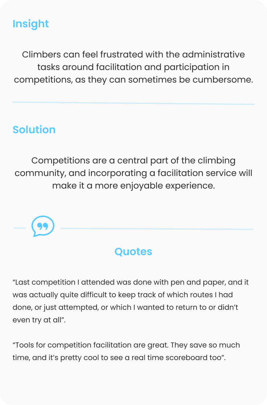 An image showing key insight number four: "Climbers can feel frustrated with the administrative tasks around facilitation and participation in competitions, as they can sometimes be cumbersome".  Then this statement is backed up by quotes from users.