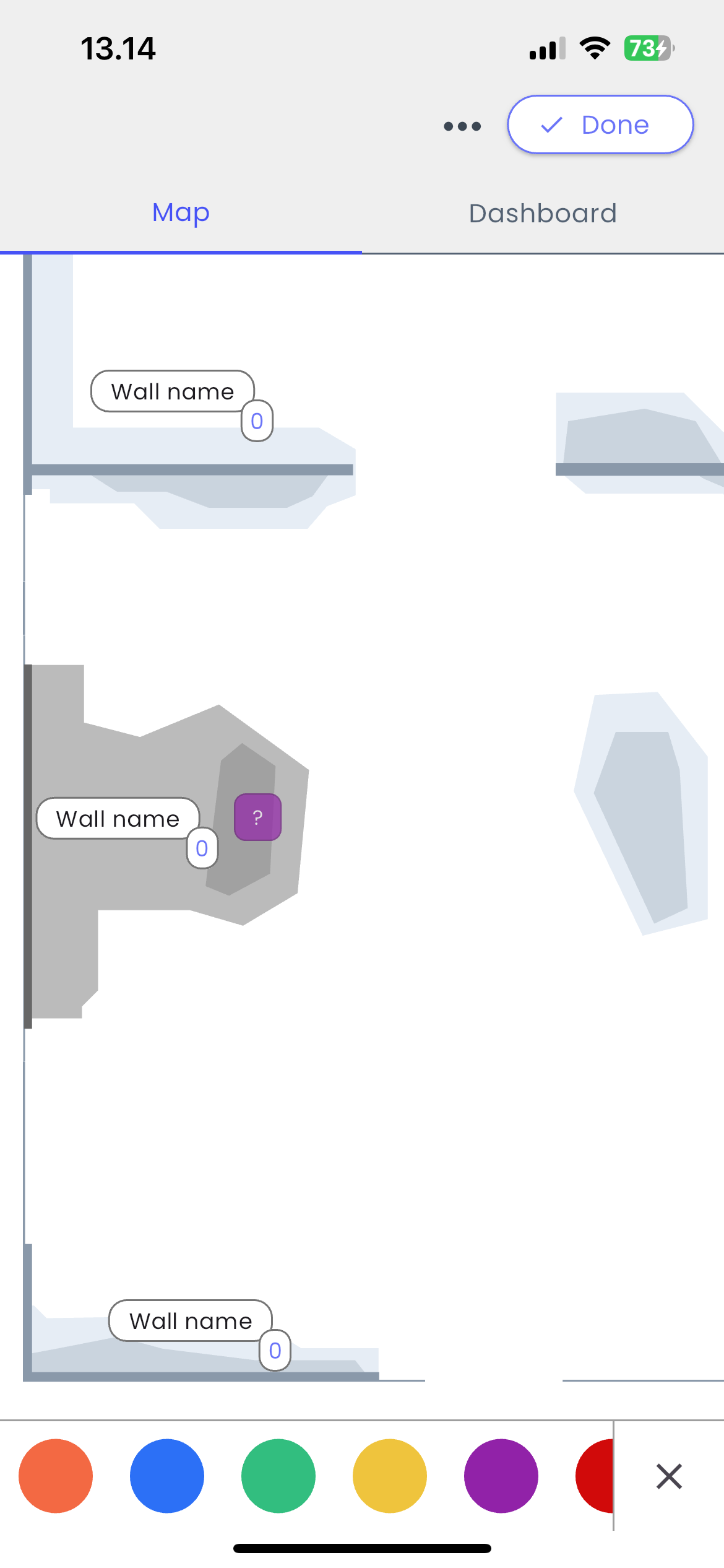 The user selects the colour purple from the bottom bar, and the route that is placed on the map turns purple.