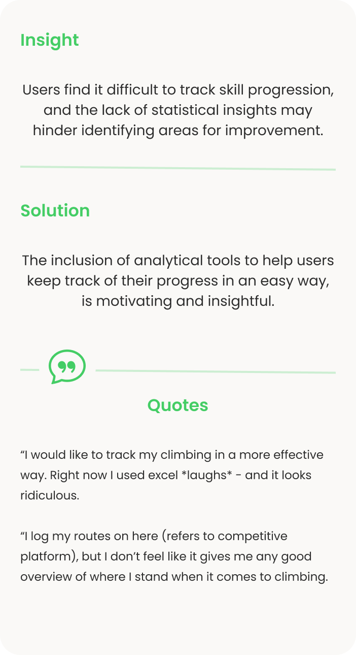 An image showing key insight number three: "Users find it difficult to track skill progression, and the lack of statistical insights may hinder identifying areas for improvement". Then this statement is backed up by quotes from potential users.