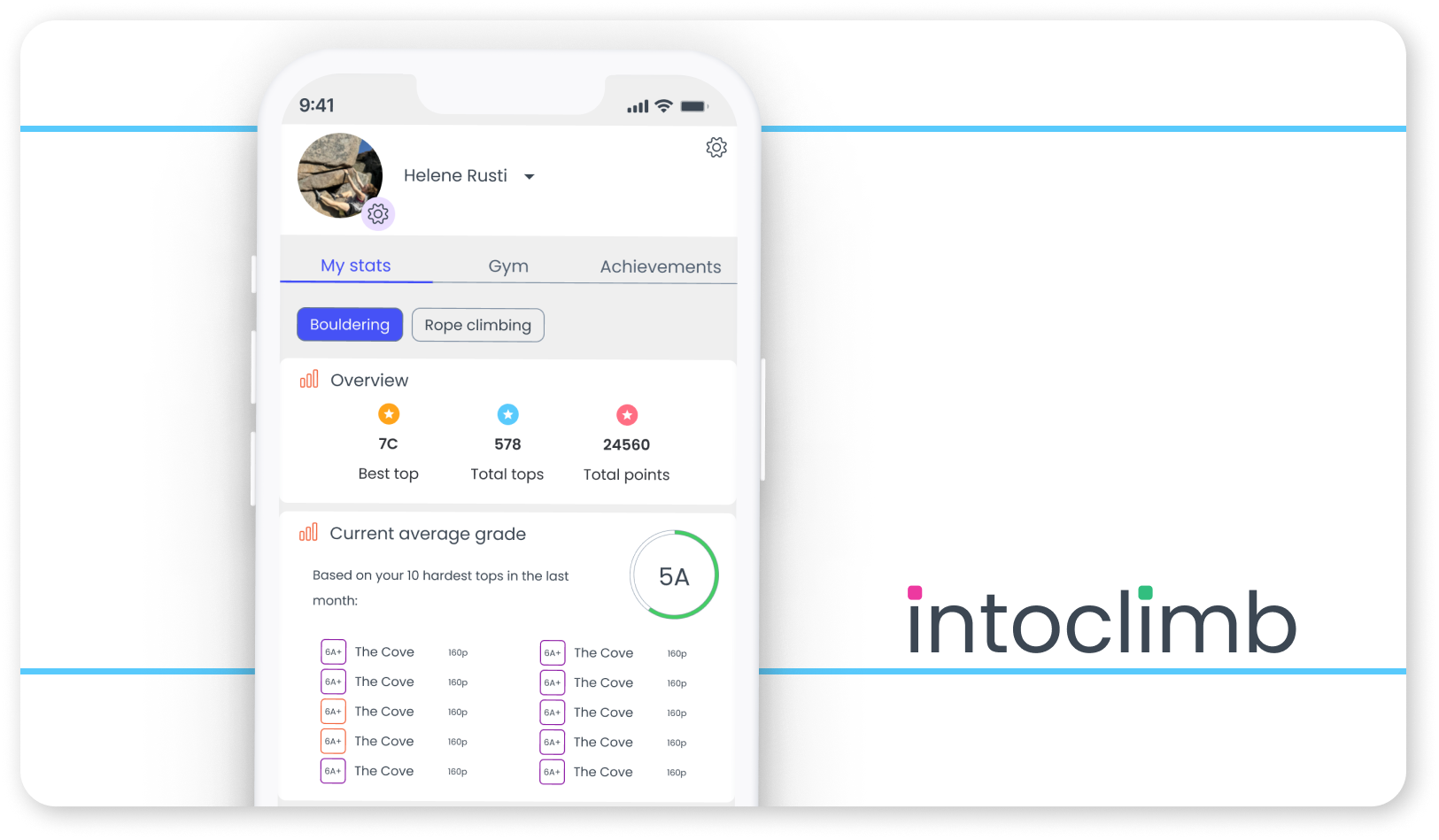 A cover card for the project intoclimb, displaying a high fidelity wireframe