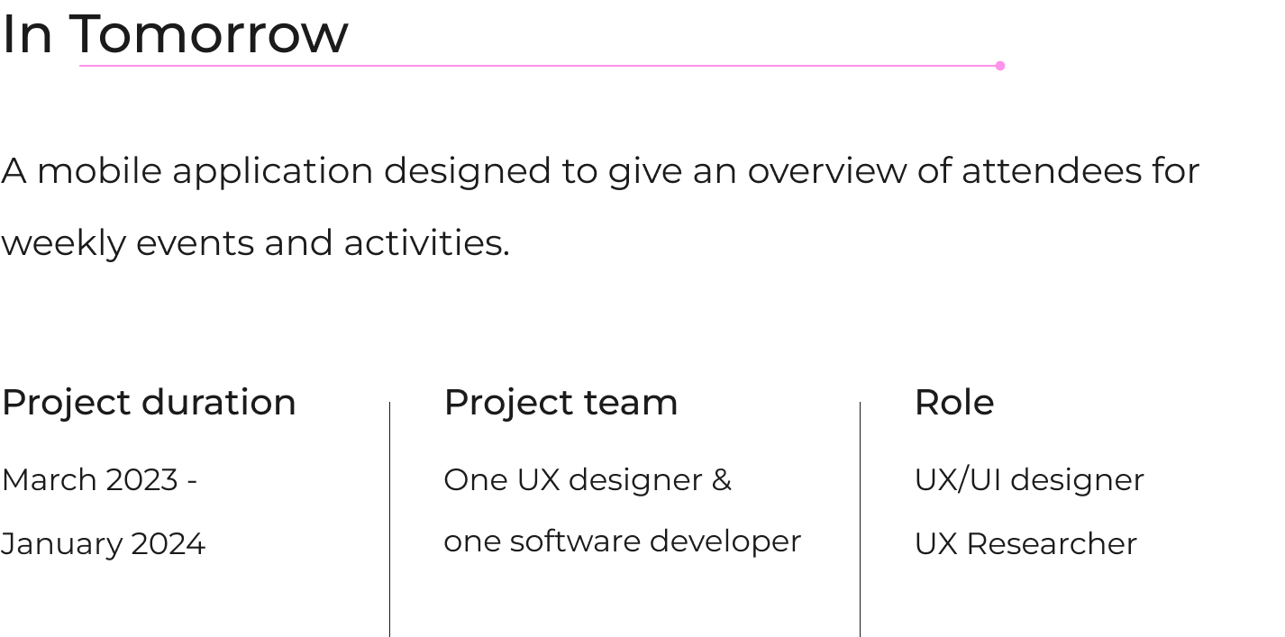 An overview of the project. Project duration: March 2023 - January 2024. Project team: One UX designer & one software developer. Role: UX designer and researcher