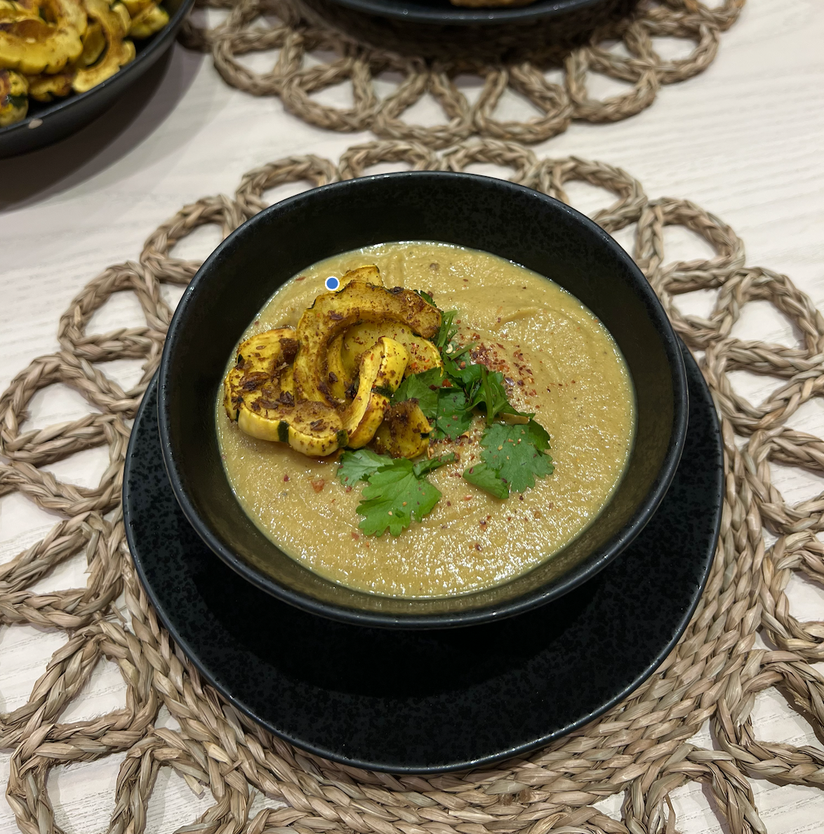 Vegan Roasted Cauliflower &amp; Delicata Squash Soup with Delicata “Croutons”
