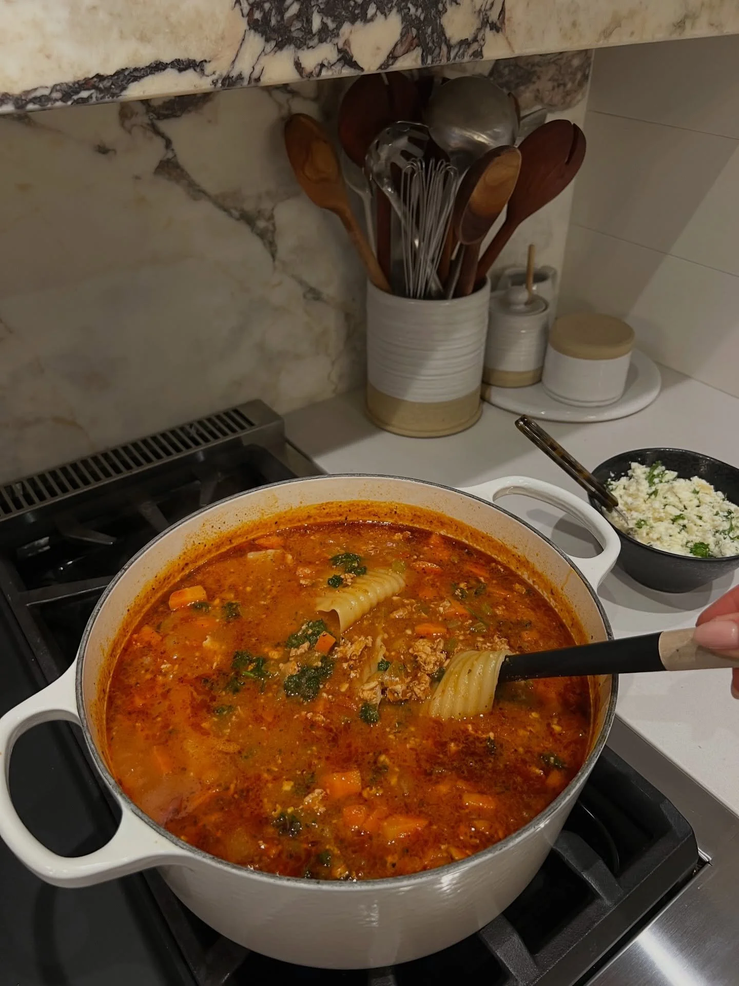 One-Pot High-Protein Lasagna Soup + Ricotta Herb Topping
gluten-free option, high-protein, one-pot, comforting, whole-food ingredients

if you love lasagna but want something easier and lighter to make on a weeknight, this one-pot lasagna soup brings