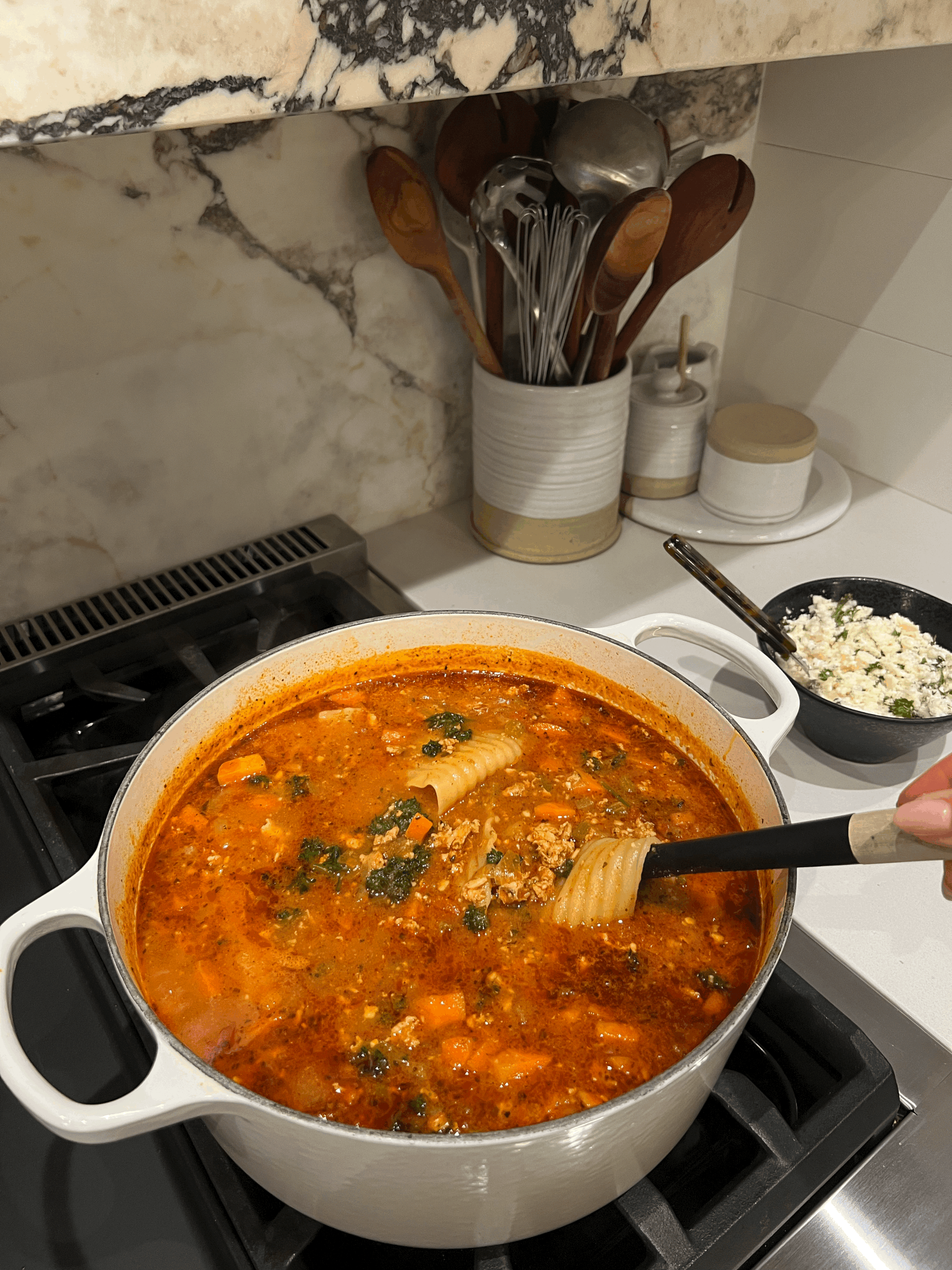 One-Pot High-Protein Lasagna Soup + Ricotta Herb Topping