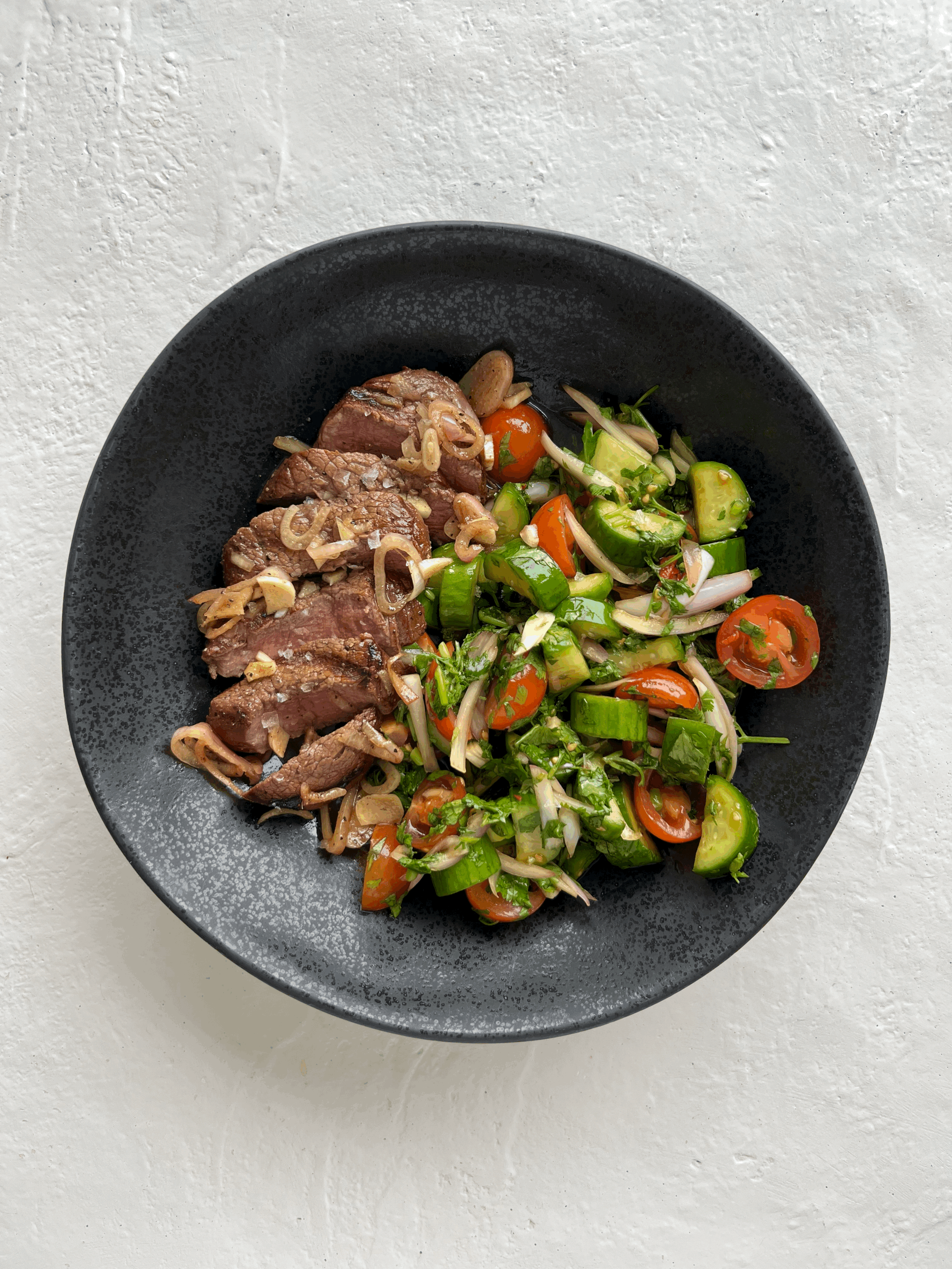 Grass-Fed Filet Steaks + Spicy Thai Cucumber Tomato Salad