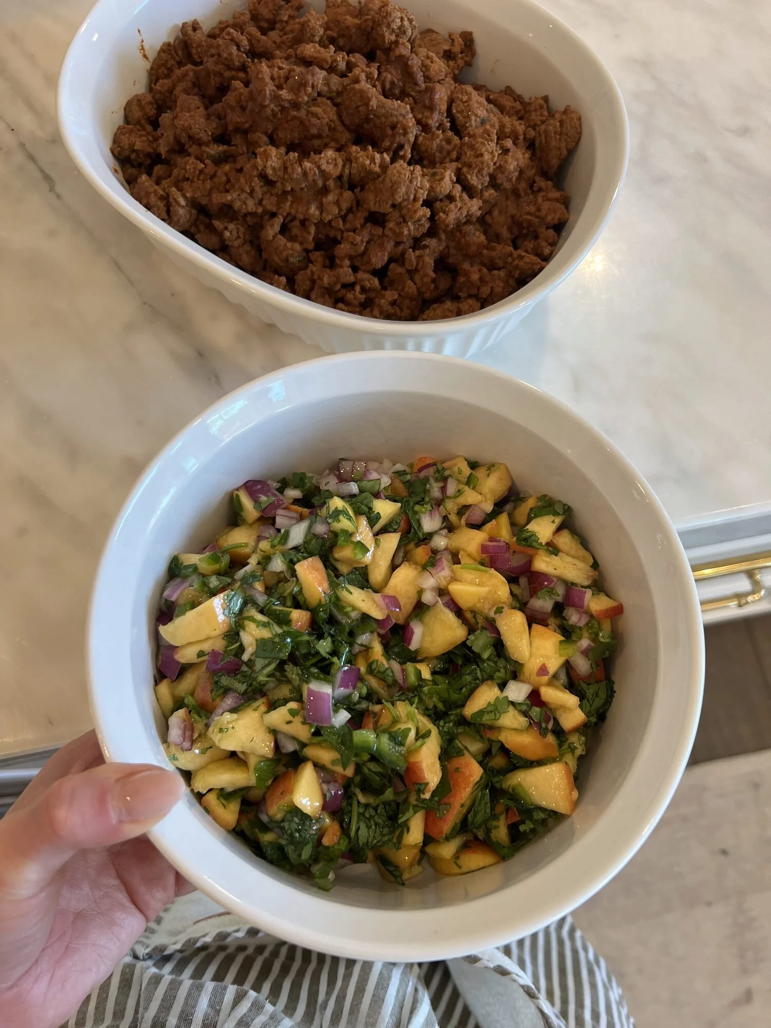 Seasoned taco meat with fresh peach salsa, made in a client's kitchen in Vancouver