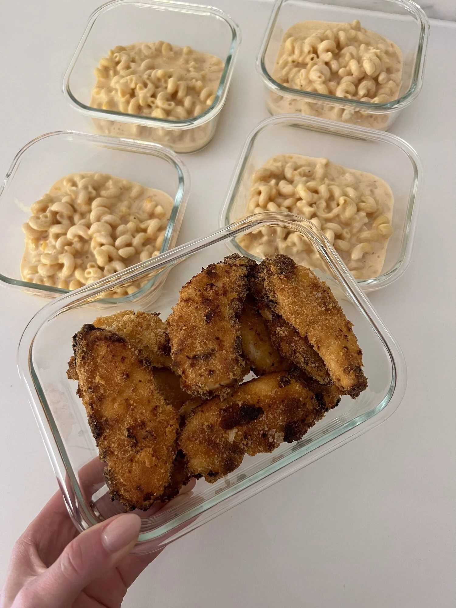 Crispy chicken with homemade mac and cheese, a family favourite