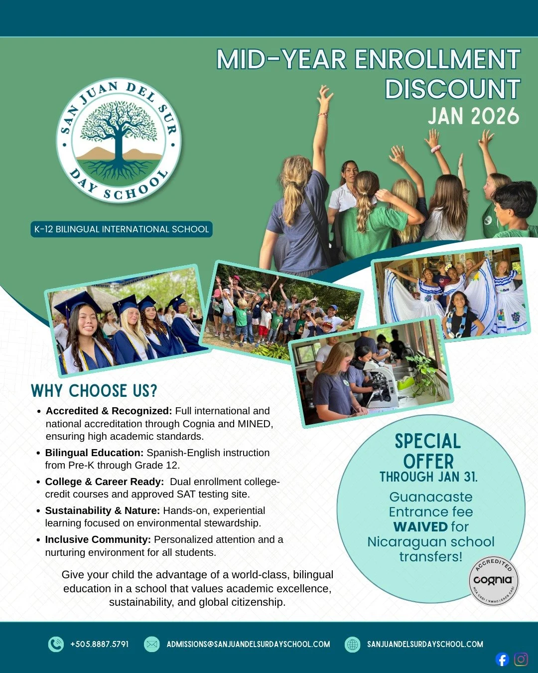 Now is the perfect time to join our school community! Enroll mid-year and receive a special discount through January 31. The Guanacaste fee is waived for students transferring from any school in Nicaragua.

&iexcl;Ahora es el momento perfecto para un