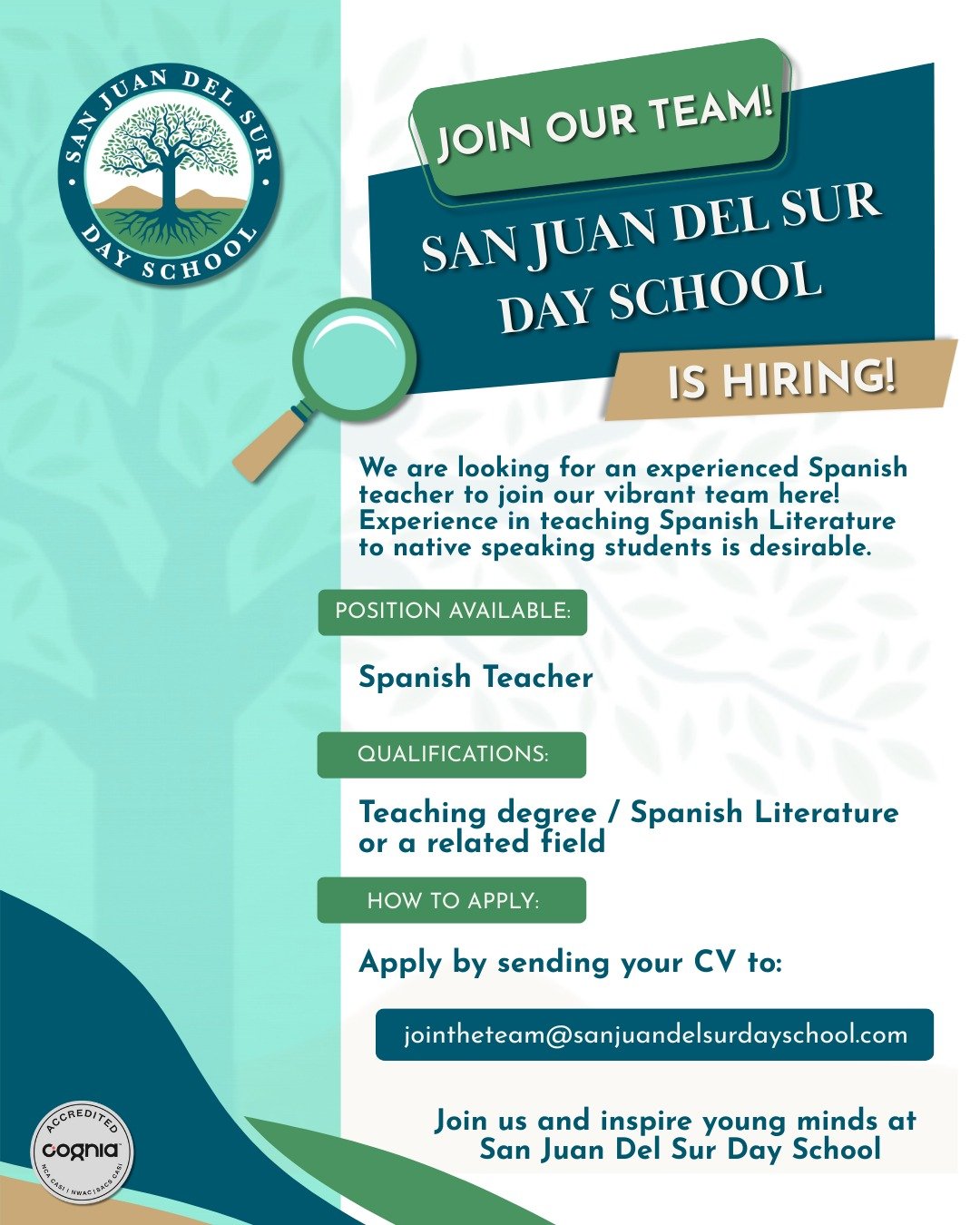 We're Hiring! 

Our community is looking for a Spanish teacher to join us starting January 2026.